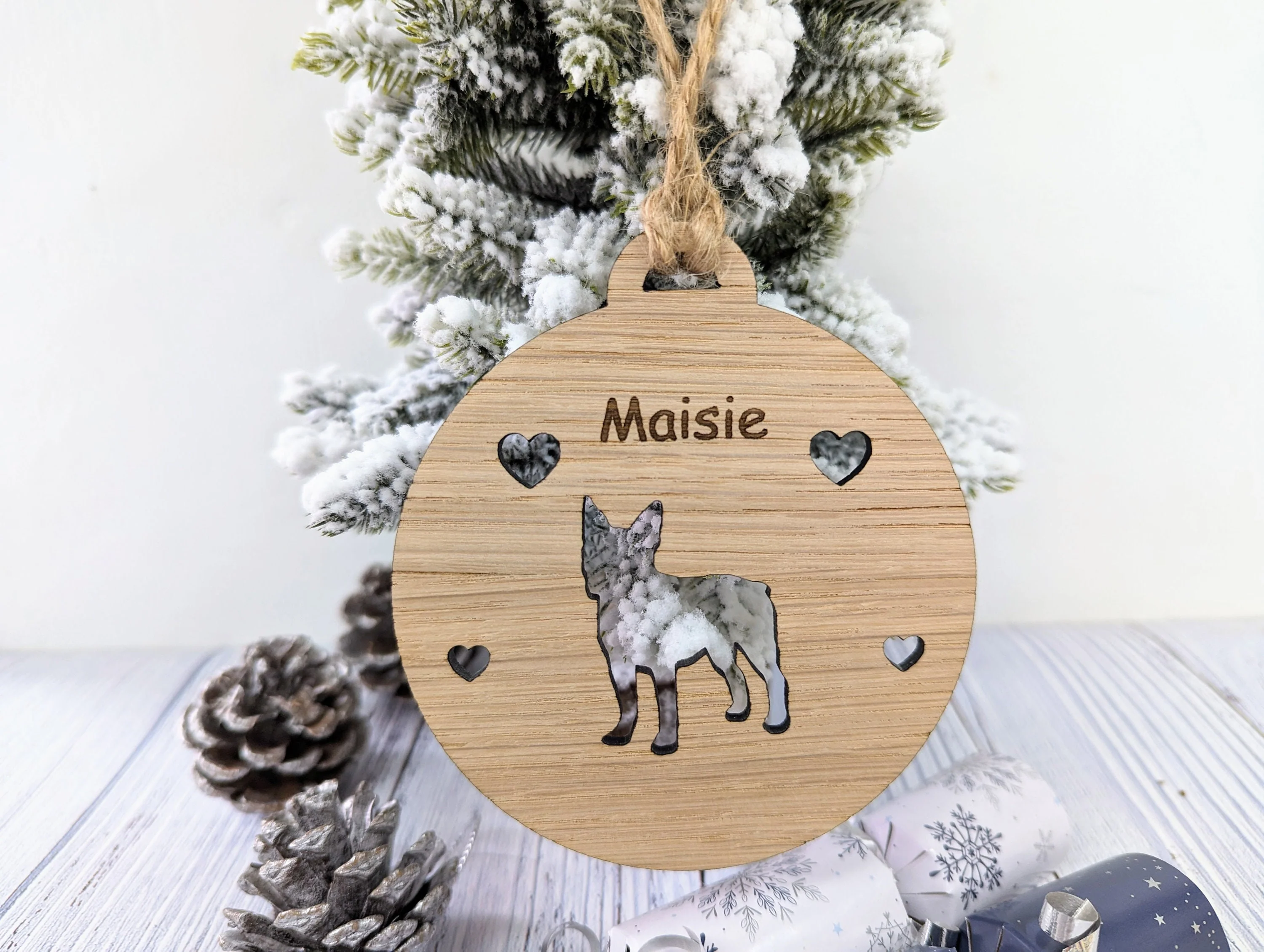 Personalised Boston Terrier Christmas Bauble in Oak Veneer MDF - Rustic Jute String - Stars or Hearts Cut-Out - Image 2
