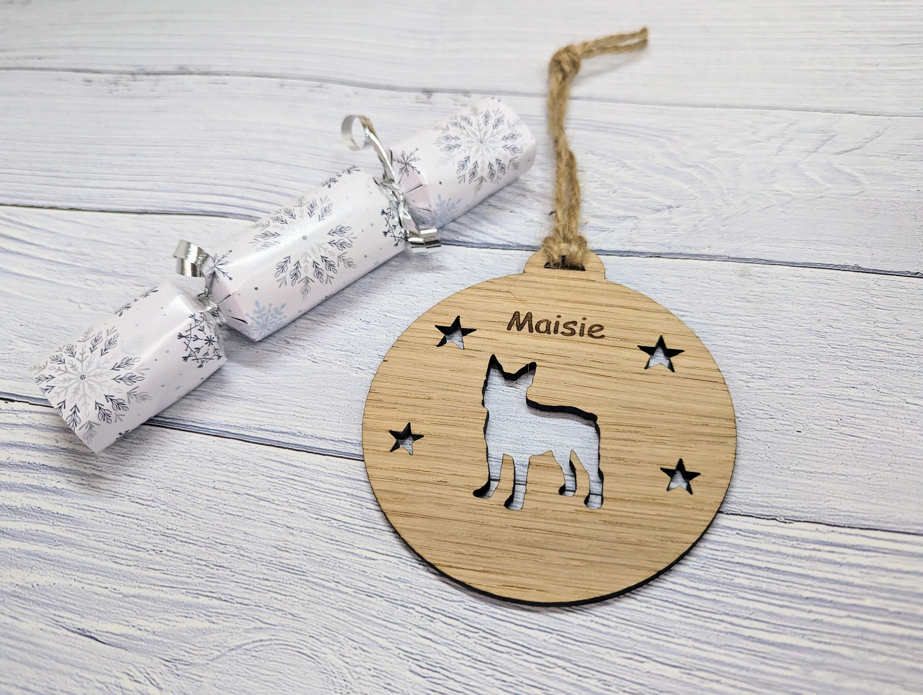 Personalised Boston Terrier Christmas Bauble in Oak Veneer MDF - Rustic Jute String - Stars or Hearts Cut-Out - Image 3