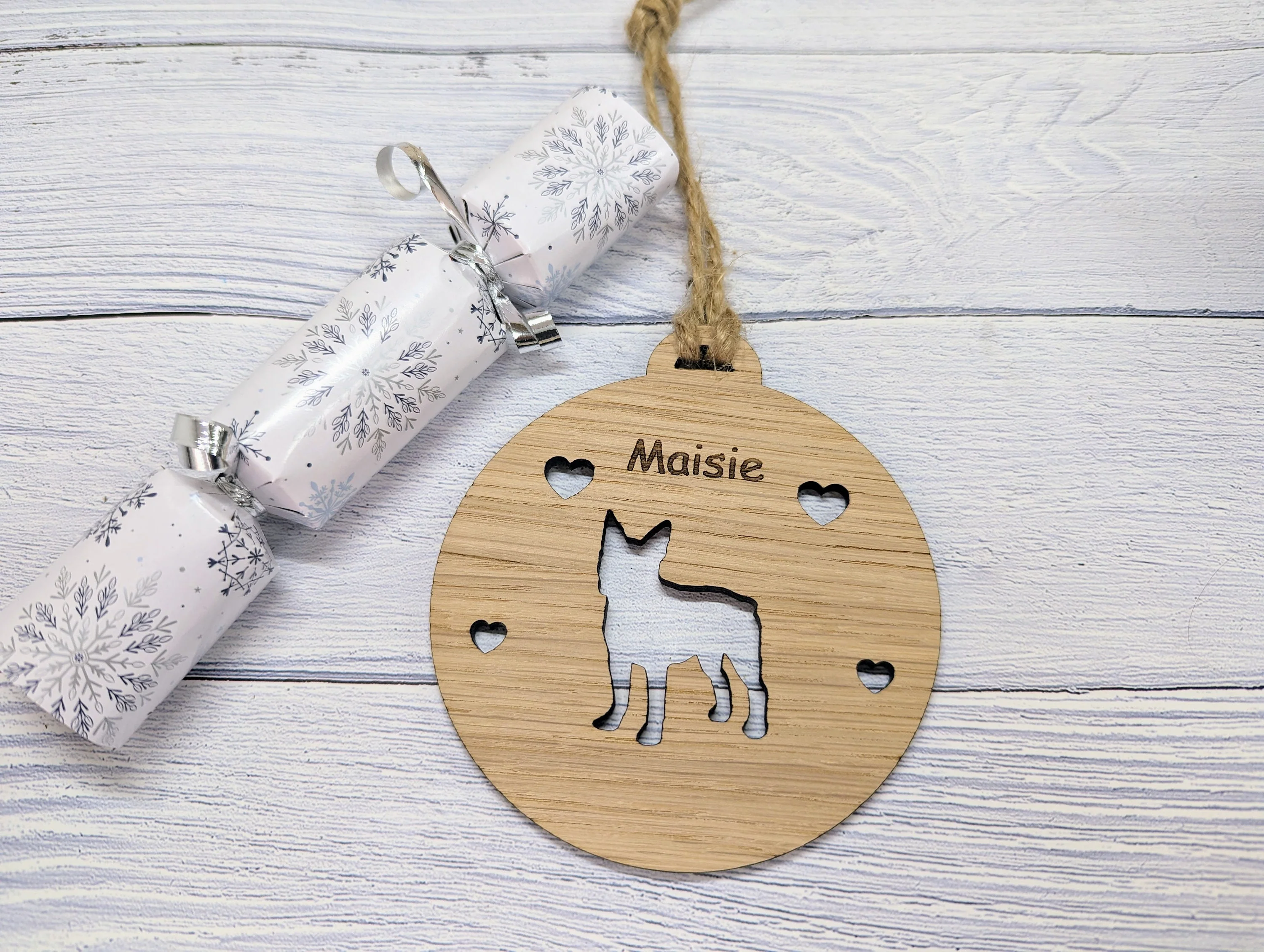Personalised Boston Terrier Christmas Bauble in Oak Veneer MDF - Rustic Jute String - Stars or Hearts Cut-Out - Image 4
