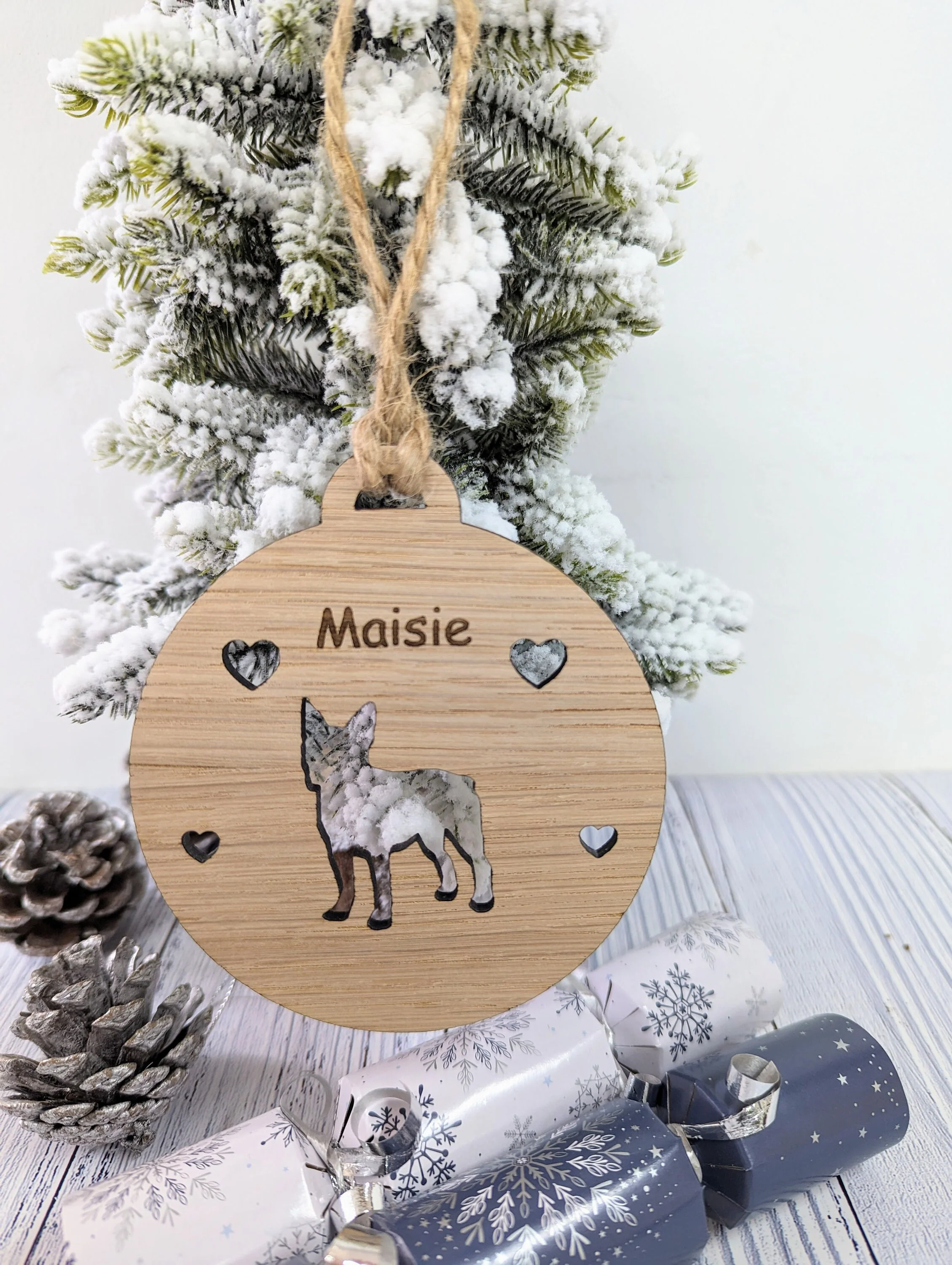 Personalised Boston Terrier Christmas Bauble in Oak Veneer MDF - Rustic Jute String - Stars or Hearts Cut-Out - Image 8