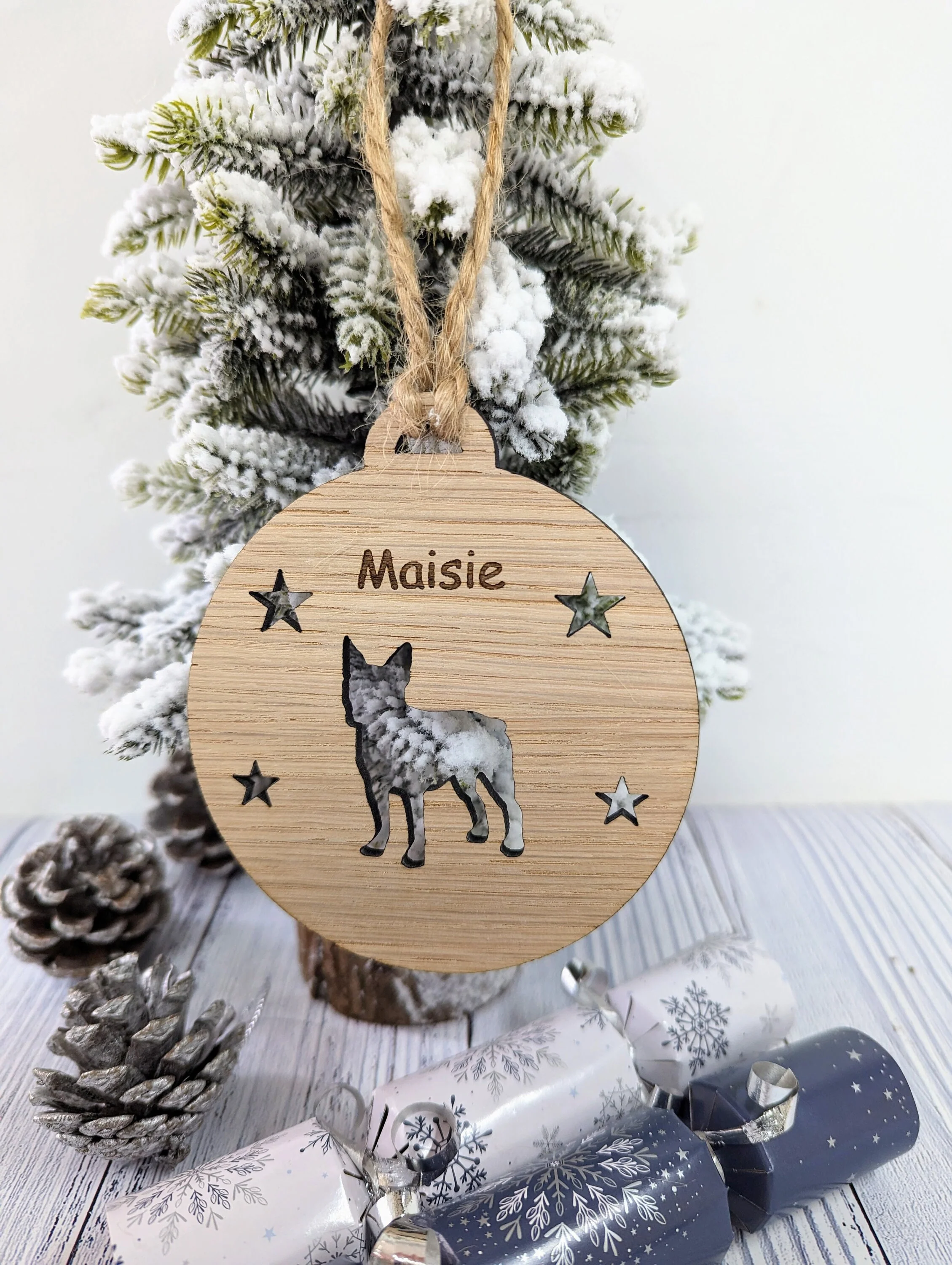 Personalised Boston Terrier Christmas Bauble in Oak Veneer MDF - Rustic Jute String - Stars or Hearts Cut-Out - Image 9