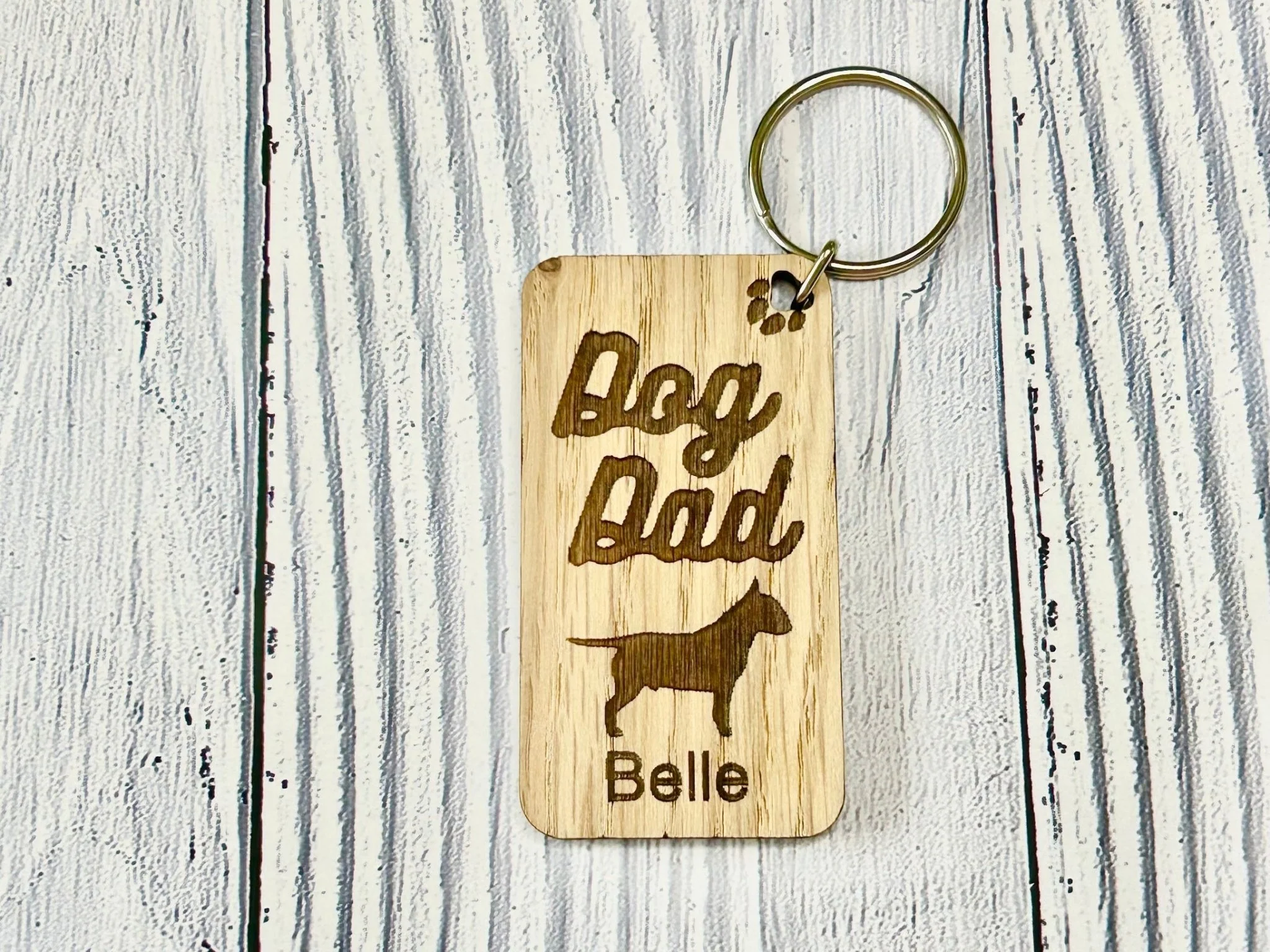 Personalised Bull Terrier Dog Dad Wooden Keyring | Oak Dog Keychain | Gift For Bull Terrier Parent | Doggy Key Tag Gift