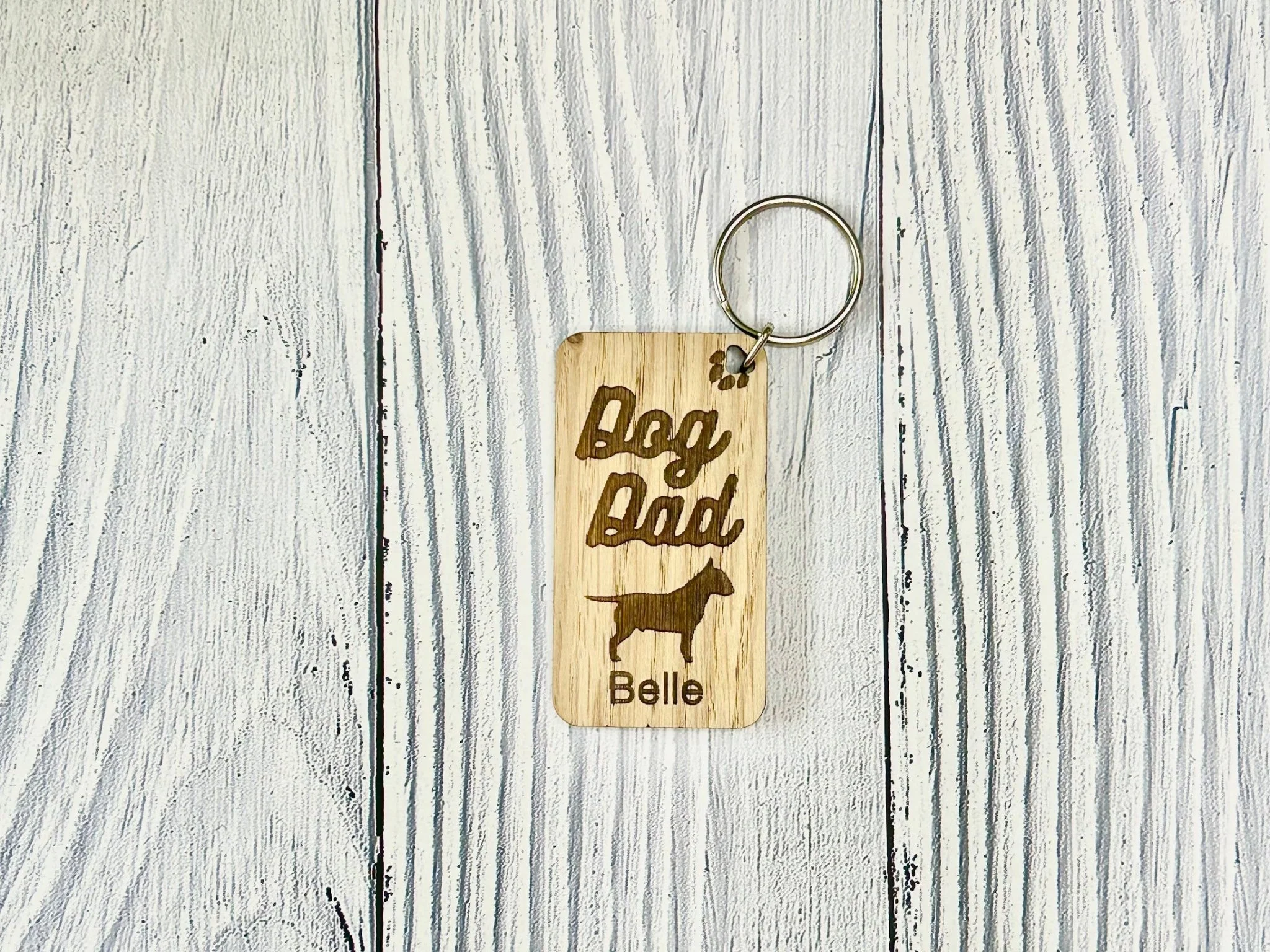 Personalised Bull Terrier Dog Dad Wooden Keyring | Oak Dog Keychain | Gift For Bull Terrier Parent | Doggy Key Tag Gift - Image 3