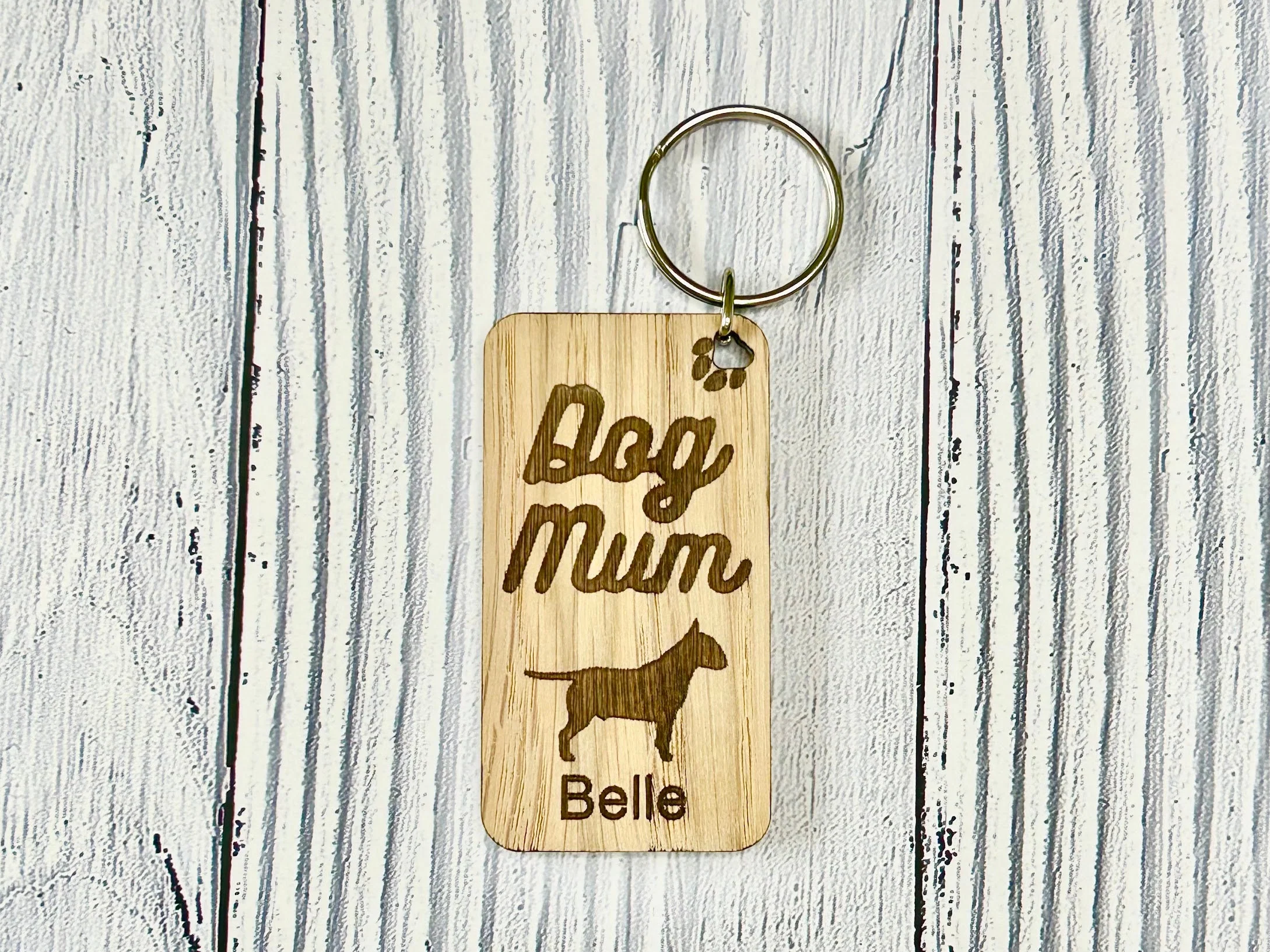 Personalised Bull Terrier Dog Mum Wooden Keyring | Oak Dog Keychain | Gift For Bull Terrier Parent | Doggy Key Tag Gift