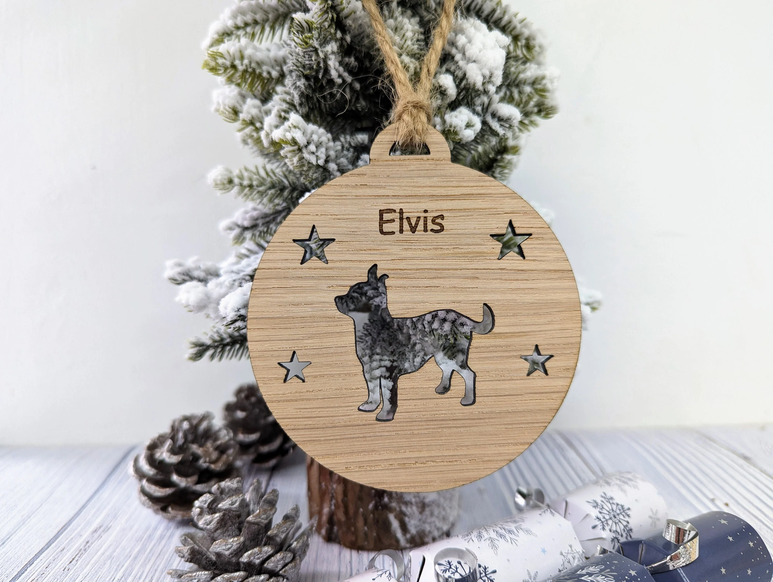 Personalised Chihauhua Christmas Bauble in Oak Veneer MDF - Rustic Jute String - Stars or Hearts Cut-Out - Chihauhua Gift - Image 2