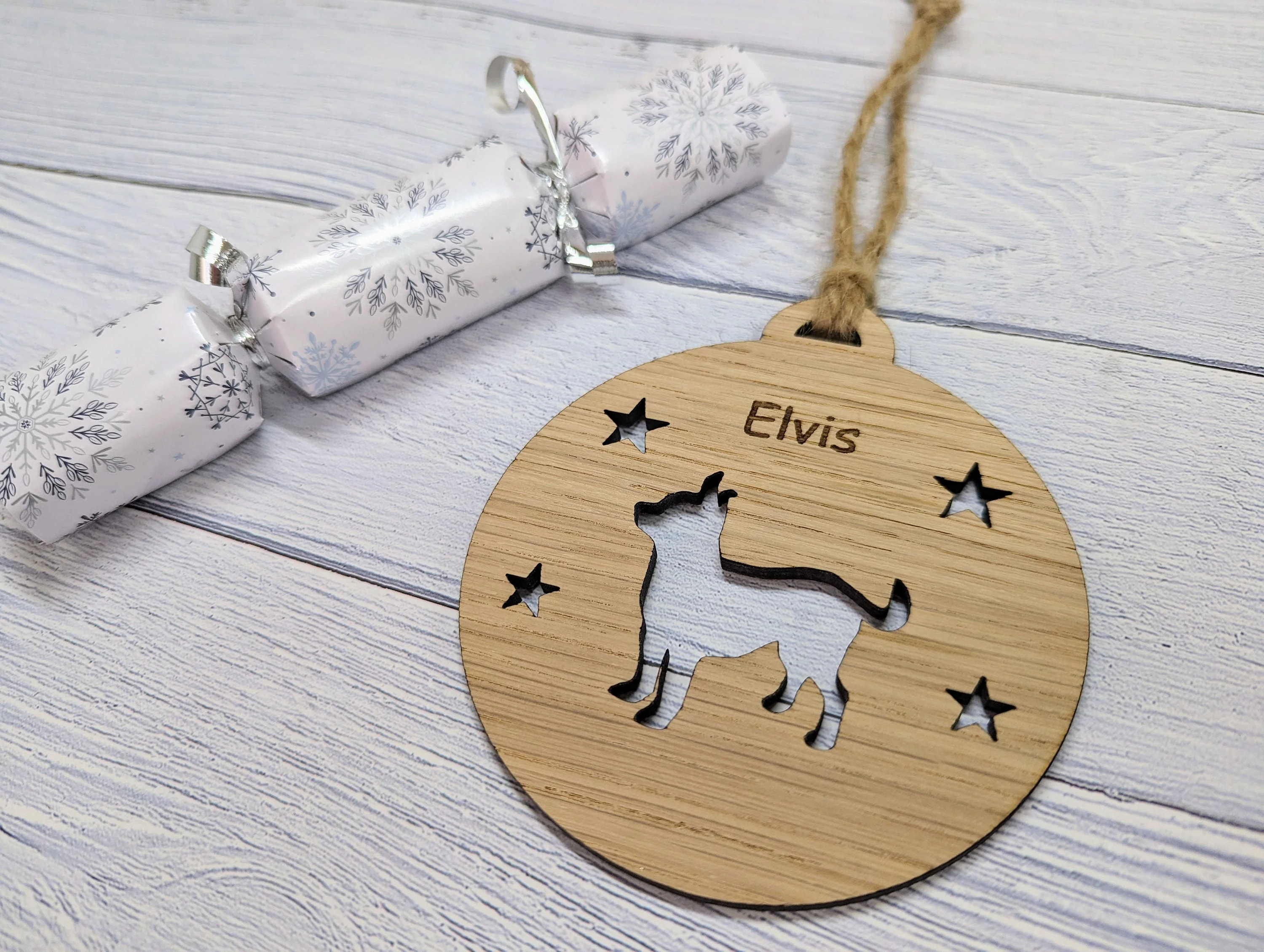 Personalised Chihauhua Christmas Bauble in Oak Veneer MDF - Rustic Jute String - Stars or Hearts Cut-Out - Chihauhua Gift - Image 3