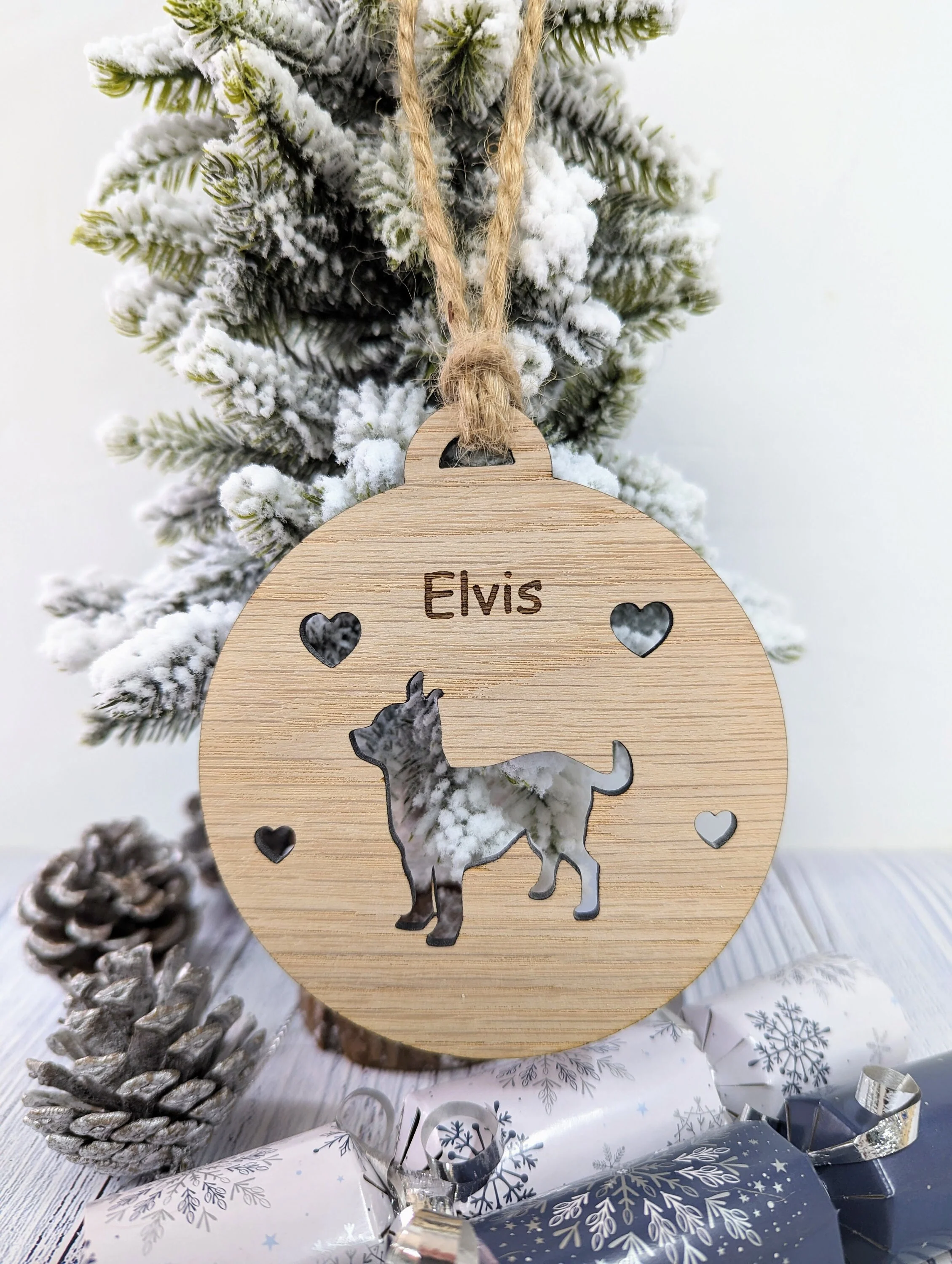 Personalised Chihauhua Christmas Bauble in Oak Veneer MDF - Rustic Jute String - Stars or Hearts Cut-Out - Chihauhua Gift - Image 5