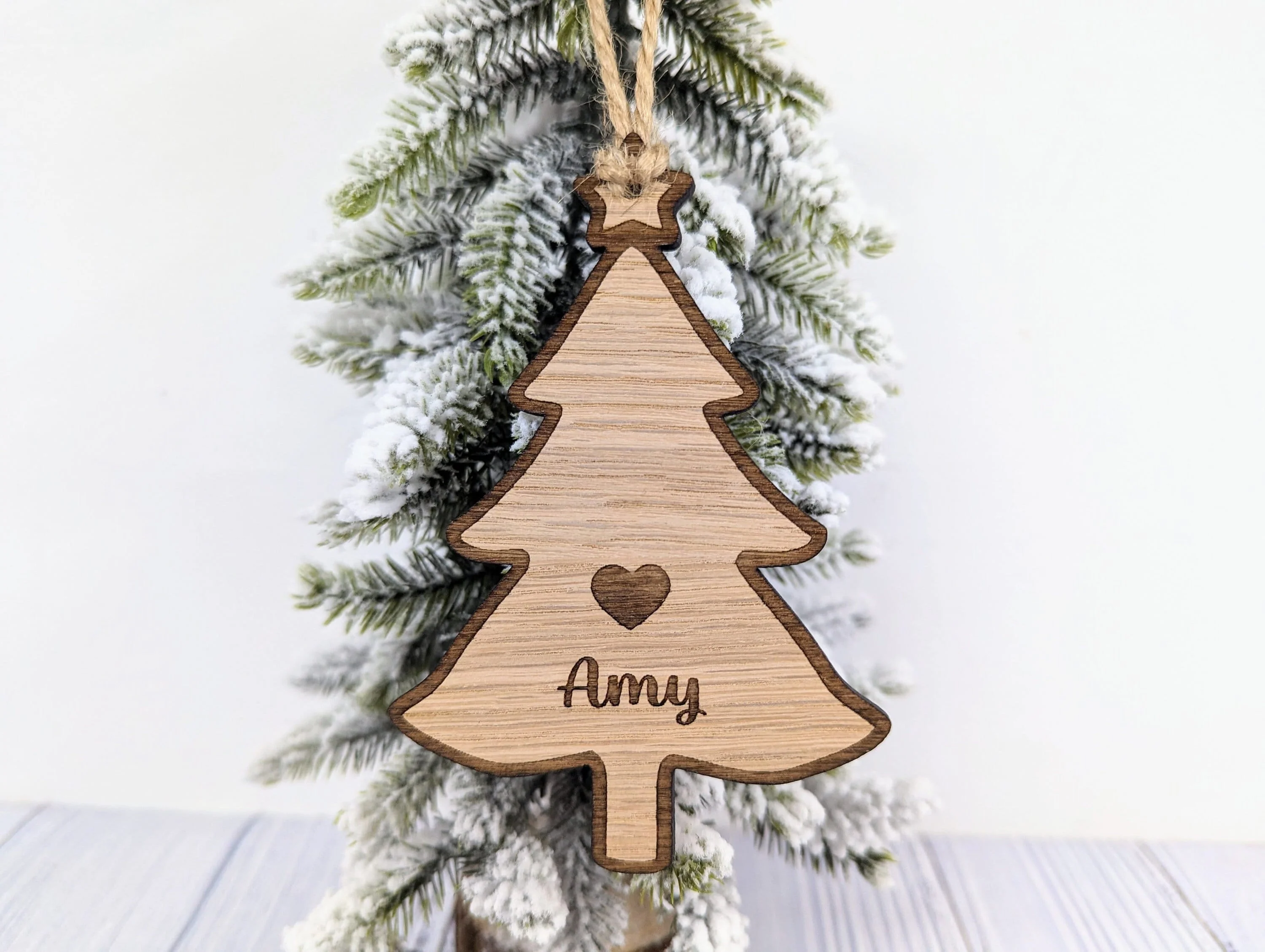 Personalised Christmas Tree-Shaped Bauble with Engraved Heart and Star - Oak Veneer