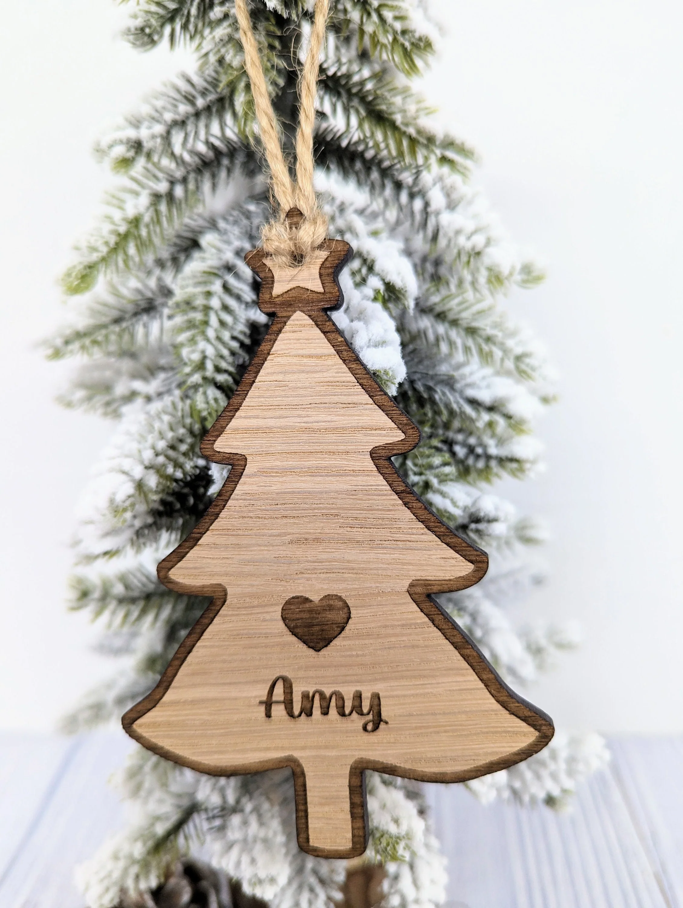 Personalised Christmas Tree-Shaped Bauble with Engraved Heart and Star - Oak Veneer - Image 3