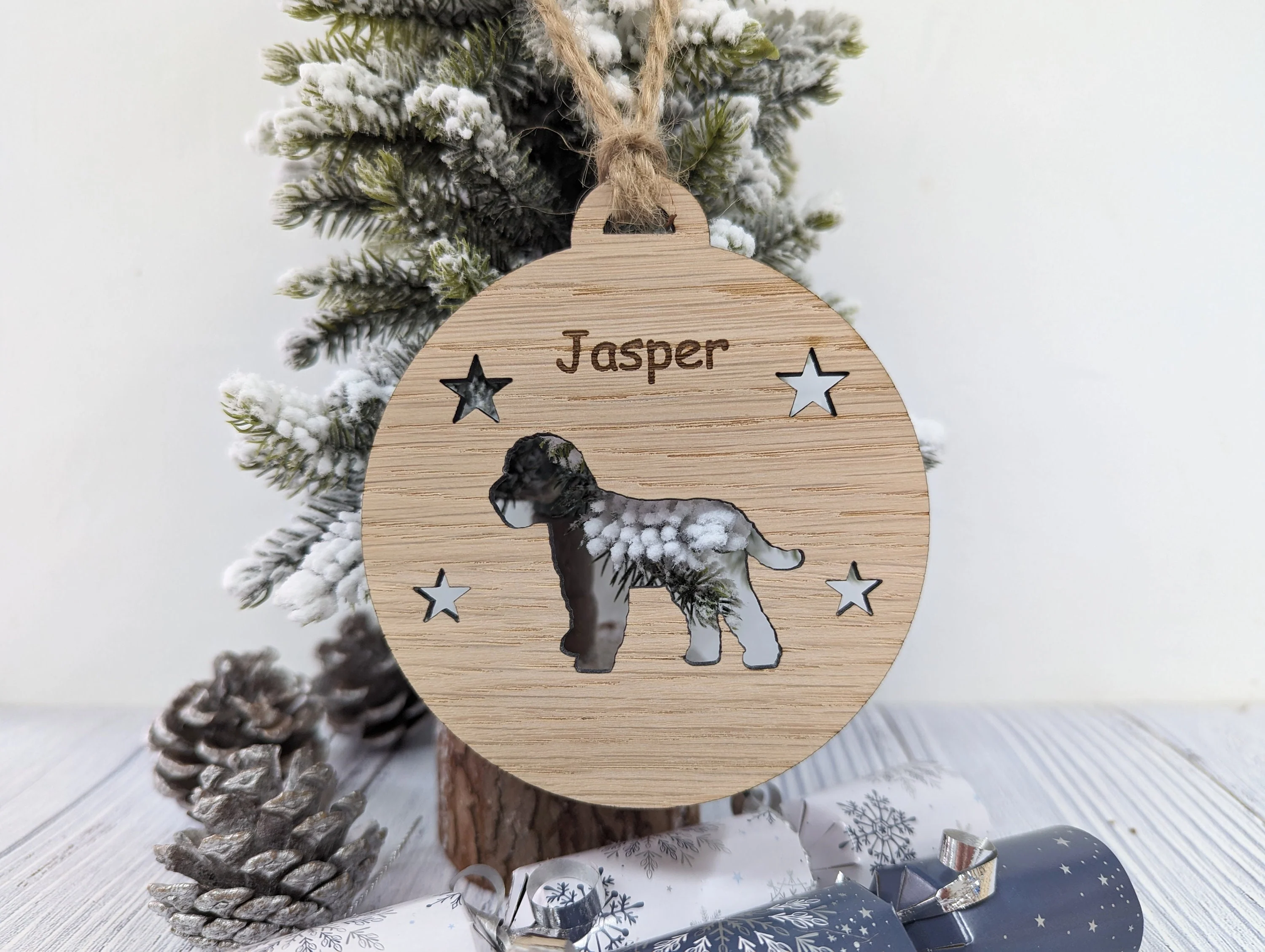 Personalised Cockapoo Christmas Bauble in Oak Veneer MDF - Rustic Jute String - Stars or Hearts Cut-Out - Cockapoo Gift - Image 2