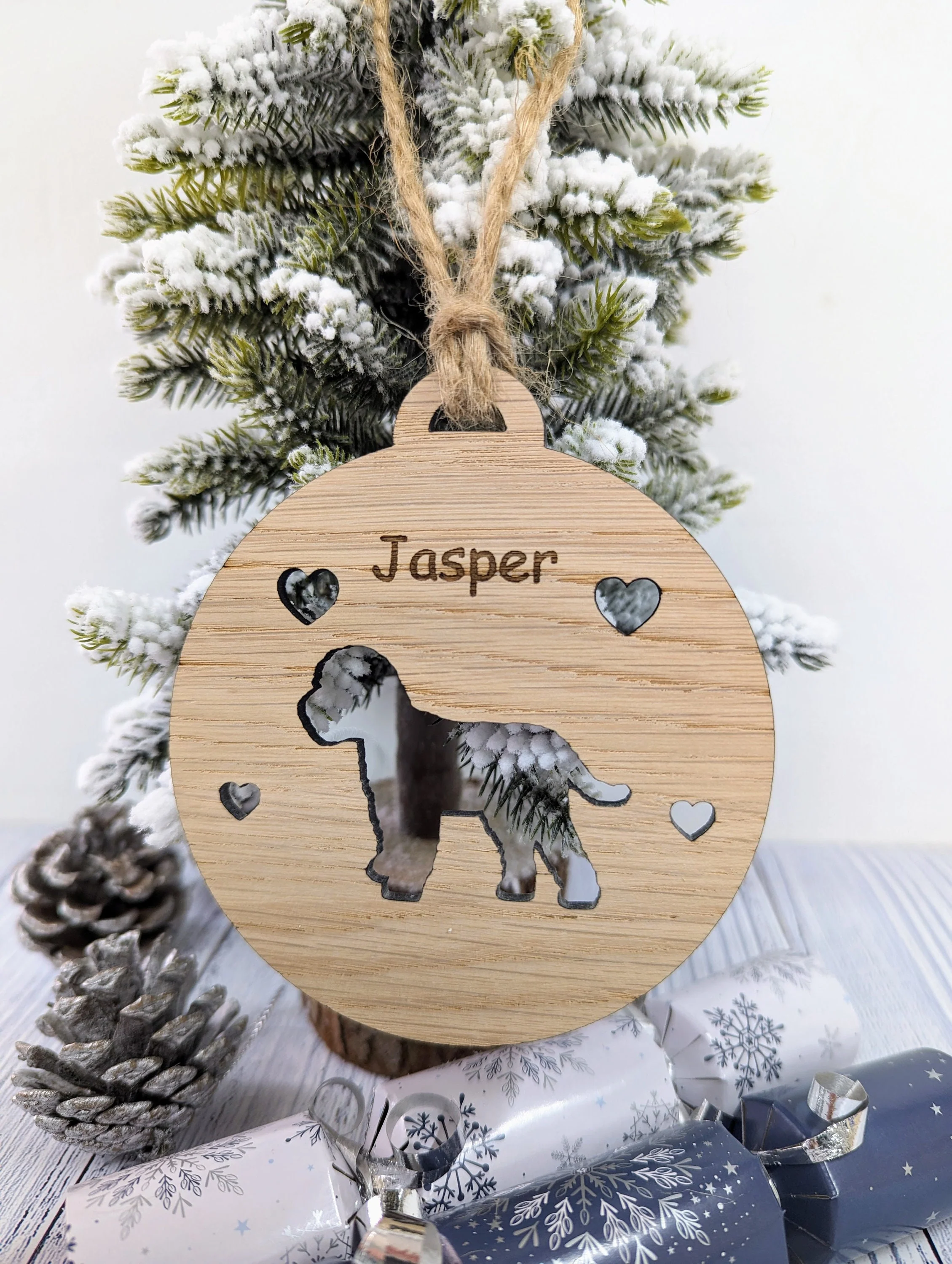 Personalised Cockapoo Christmas Bauble in Oak Veneer MDF - Rustic Jute String - Stars or Hearts Cut-Out - Cockapoo Gift - Image 4