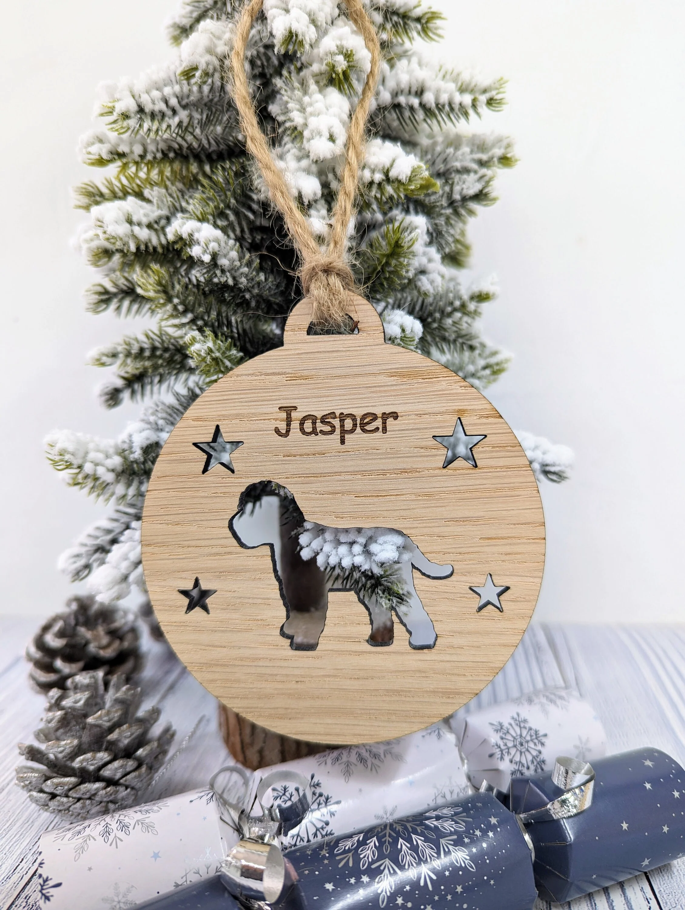 Personalised Cockapoo Christmas Bauble in Oak Veneer MDF - Rustic Jute String - Stars or Hearts Cut-Out - Cockapoo Gift - Image 5