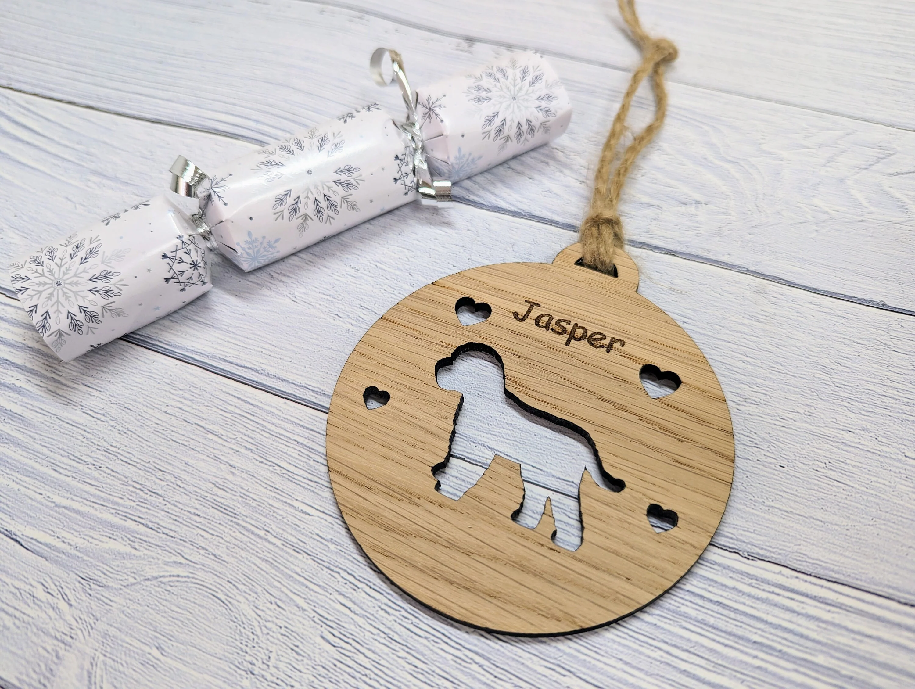 Personalised Cockapoo Christmas Bauble in Oak Veneer MDF - Rustic Jute String - Stars or Hearts Cut-Out - Cockapoo Gift - Image 7