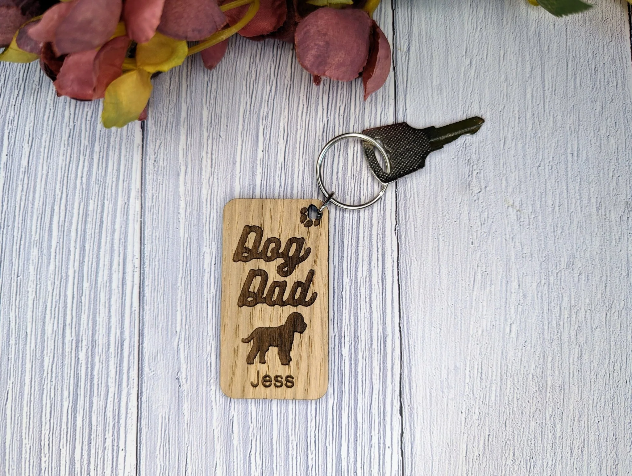 Personalised Cockapoo Dog Dad Wooden Keyring | Oak Dog Keychain | Gift For Cockapoo Parent | Doggy Key Tag Gift - Image 2