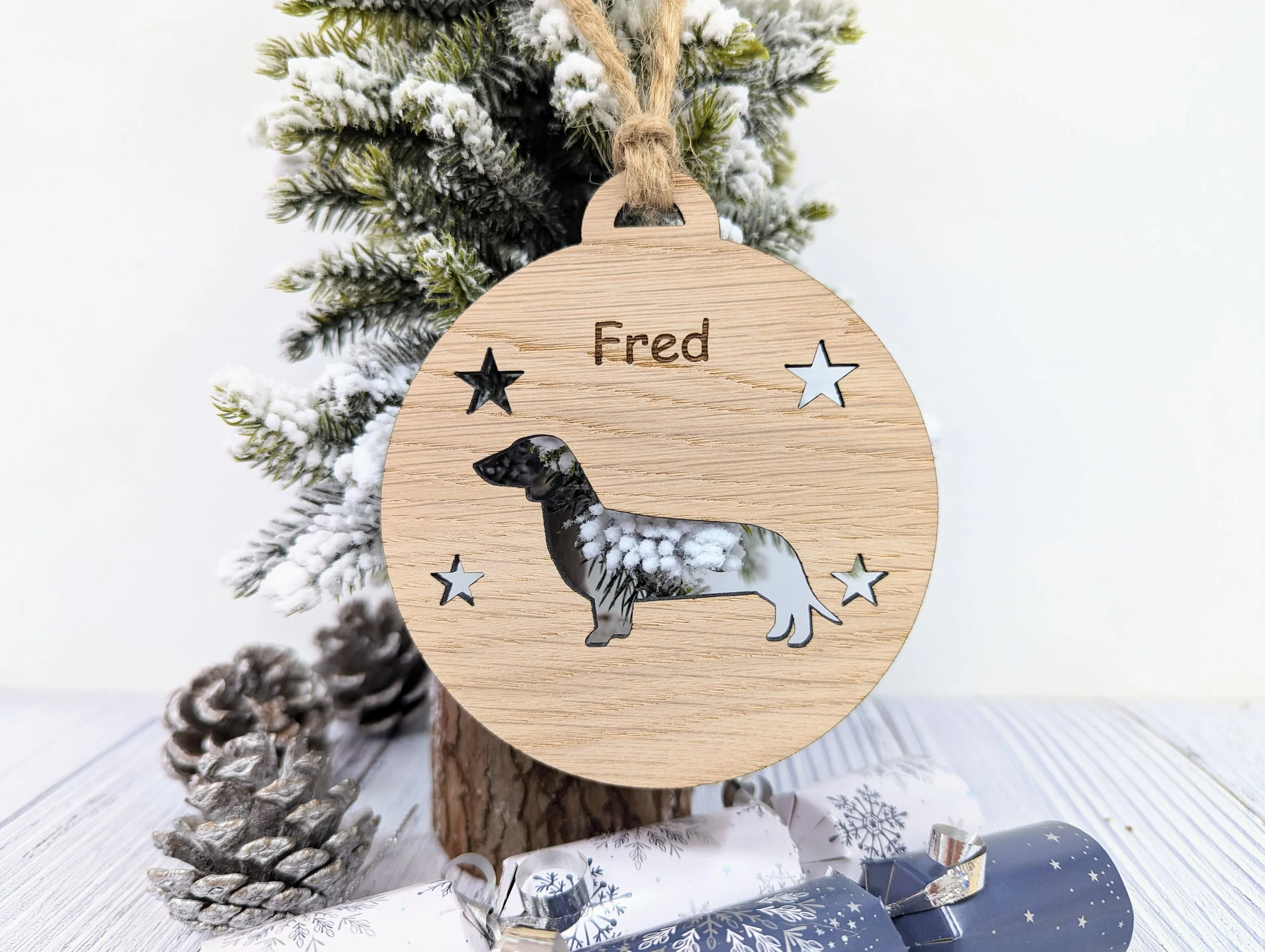 Personalised Dachshund Christmas Bauble in Oak Veneer MDF - Rustic Jute String - Stars or Hearts Cut-Out - Dachshund Gift - Image 2