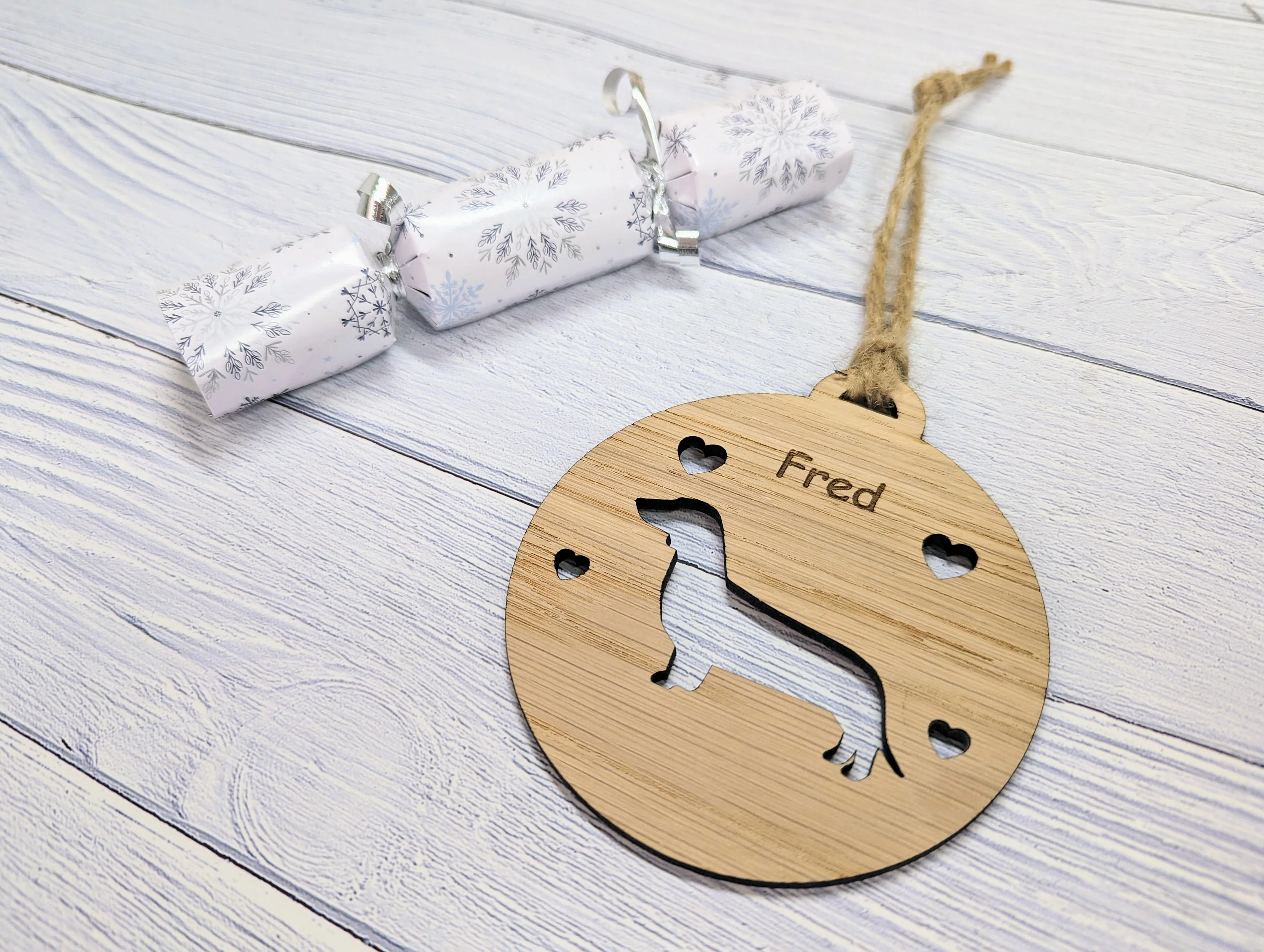 Personalised Dachshund Christmas Bauble in Oak Veneer MDF - Rustic Jute String - Stars or Hearts Cut-Out - Dachshund Gift - Image 3