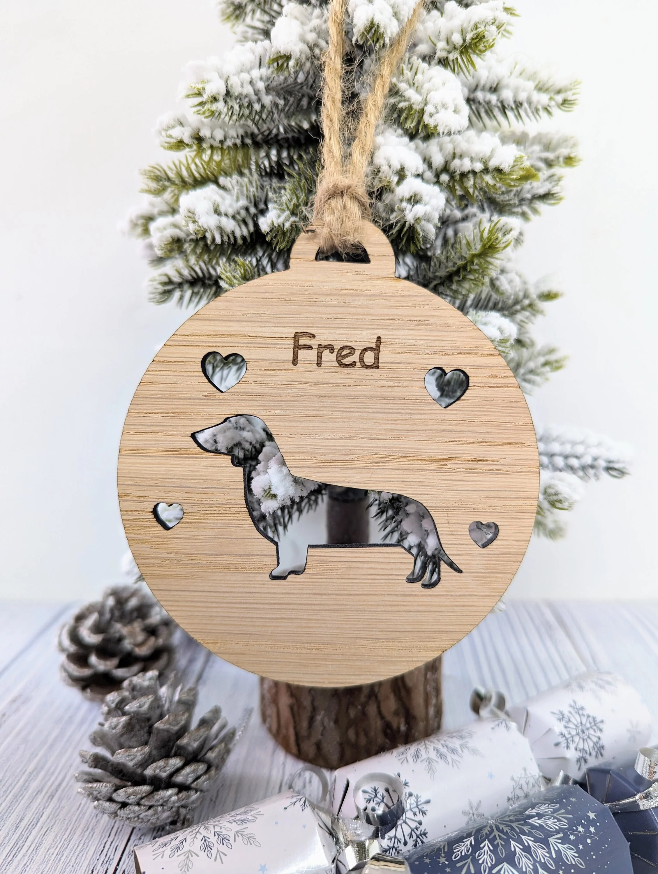 Personalised Dachshund Christmas Bauble in Oak Veneer MDF - Rustic Jute String - Stars or Hearts Cut-Out - Dachshund Gift - Image 7