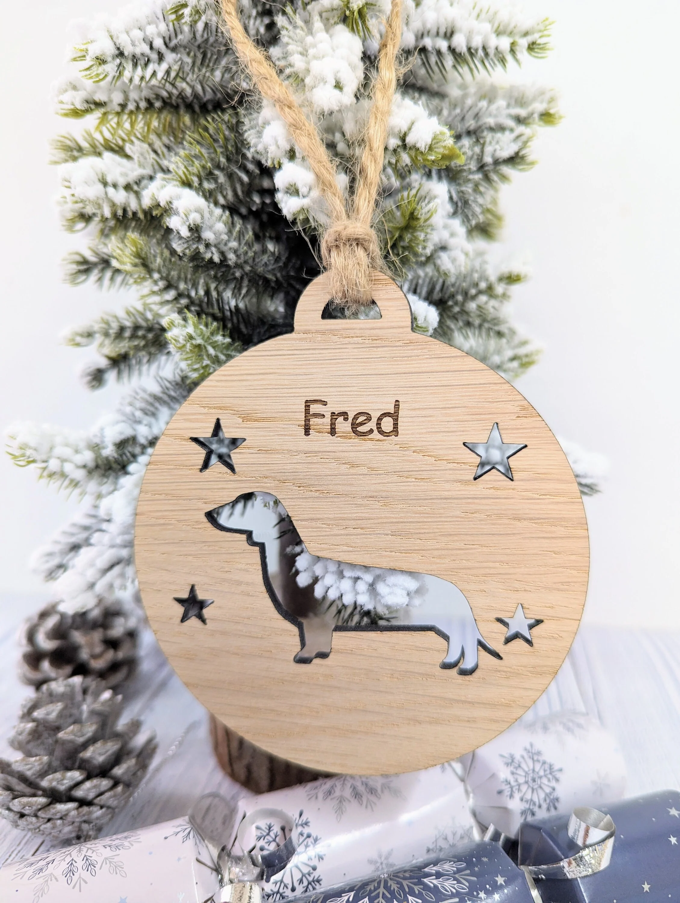 Personalised Dachshund Christmas Bauble in Oak Veneer MDF - Rustic Jute String - Stars or Hearts Cut-Out - Dachshund Gift - Image 8