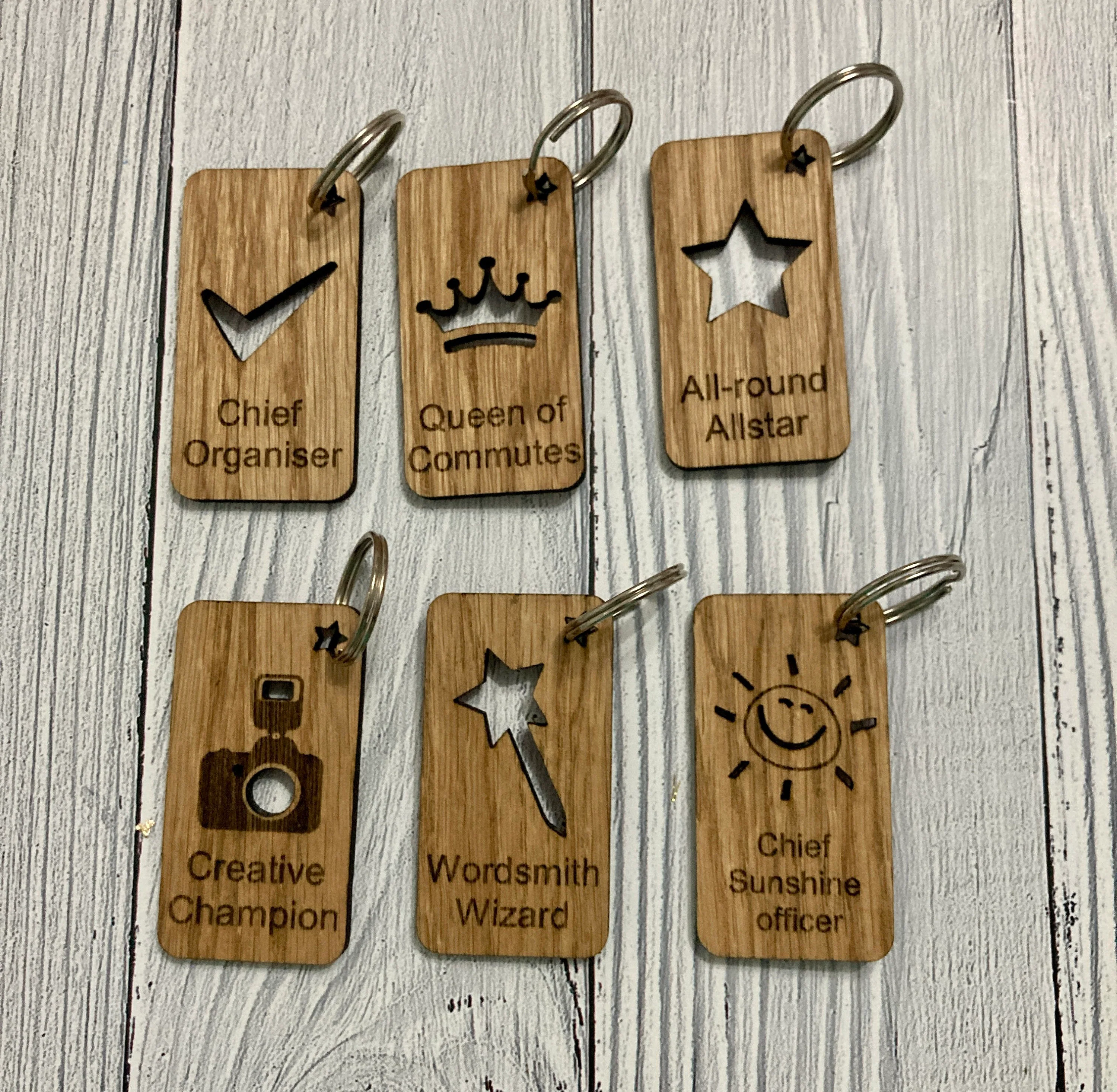 Personalised Employee Recognition Keyrings, Engraved Wooden Staff Appreciation Keyring, Oak