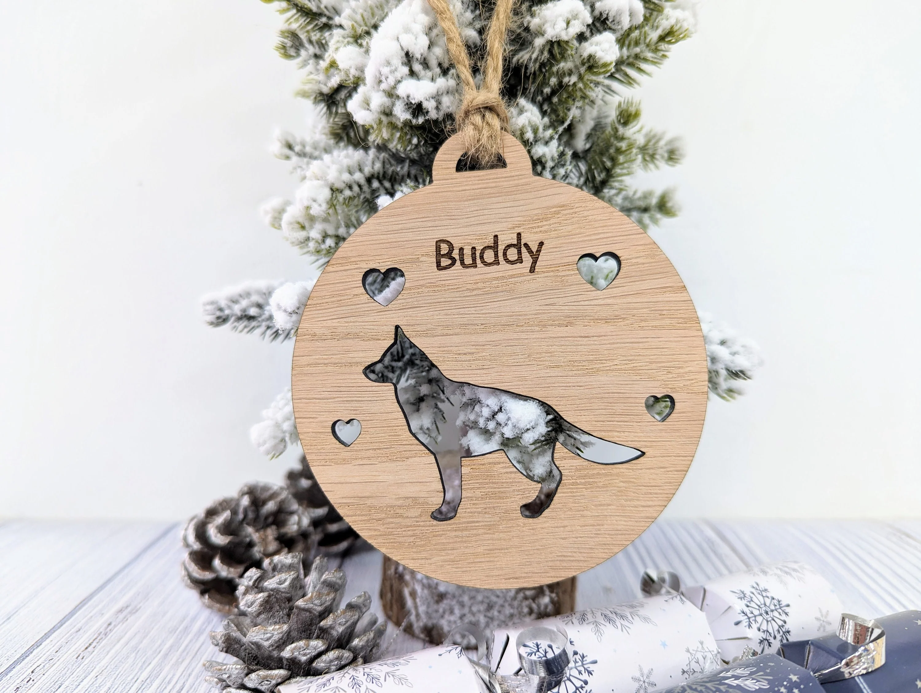 Personalised German Shepherd Christmas Bauble in Oak Veneer MDF - Rustic Jute String - Stars or Hearts Cut-Out - German Shepherd Gift - Image 2
