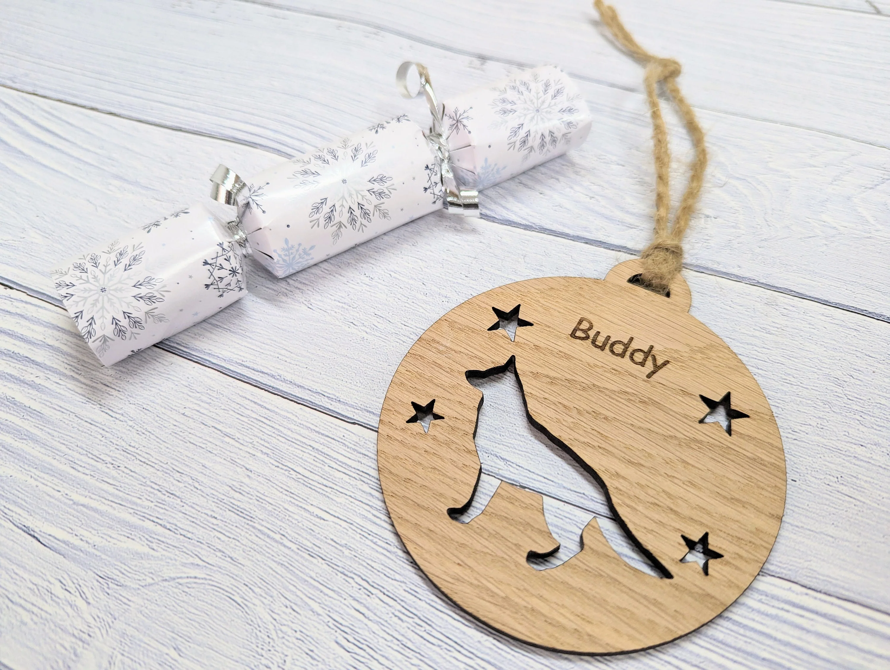 Personalised German Shepherd Christmas Bauble in Oak Veneer MDF - Rustic Jute String - Stars or Hearts Cut-Out - German Shepherd Gift - Image 3
