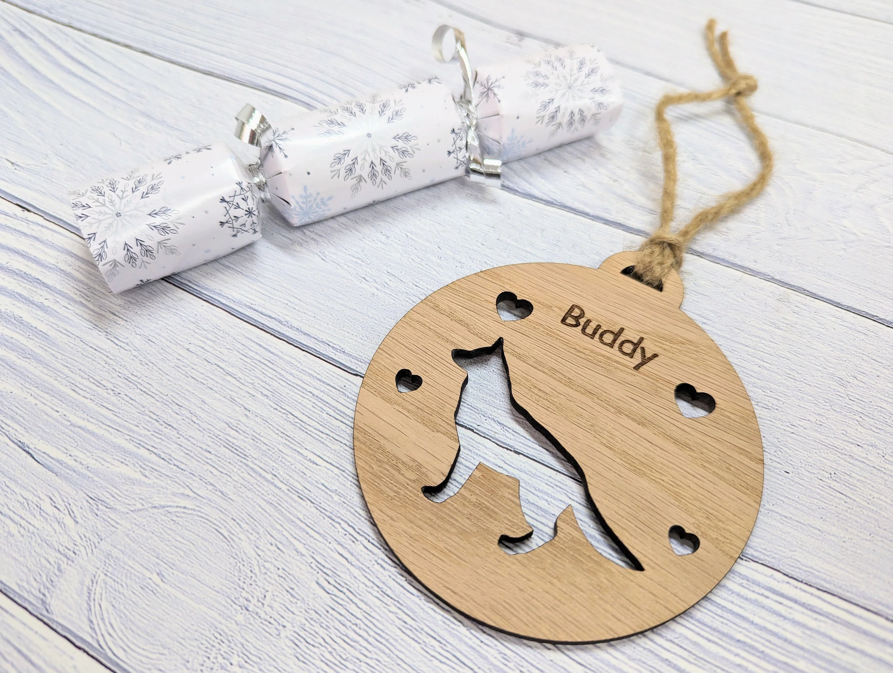 Personalised German Shepherd Christmas Bauble in Oak Veneer MDF - Rustic Jute String - Stars or Hearts Cut-Out - German Shepherd Gift - Image 4