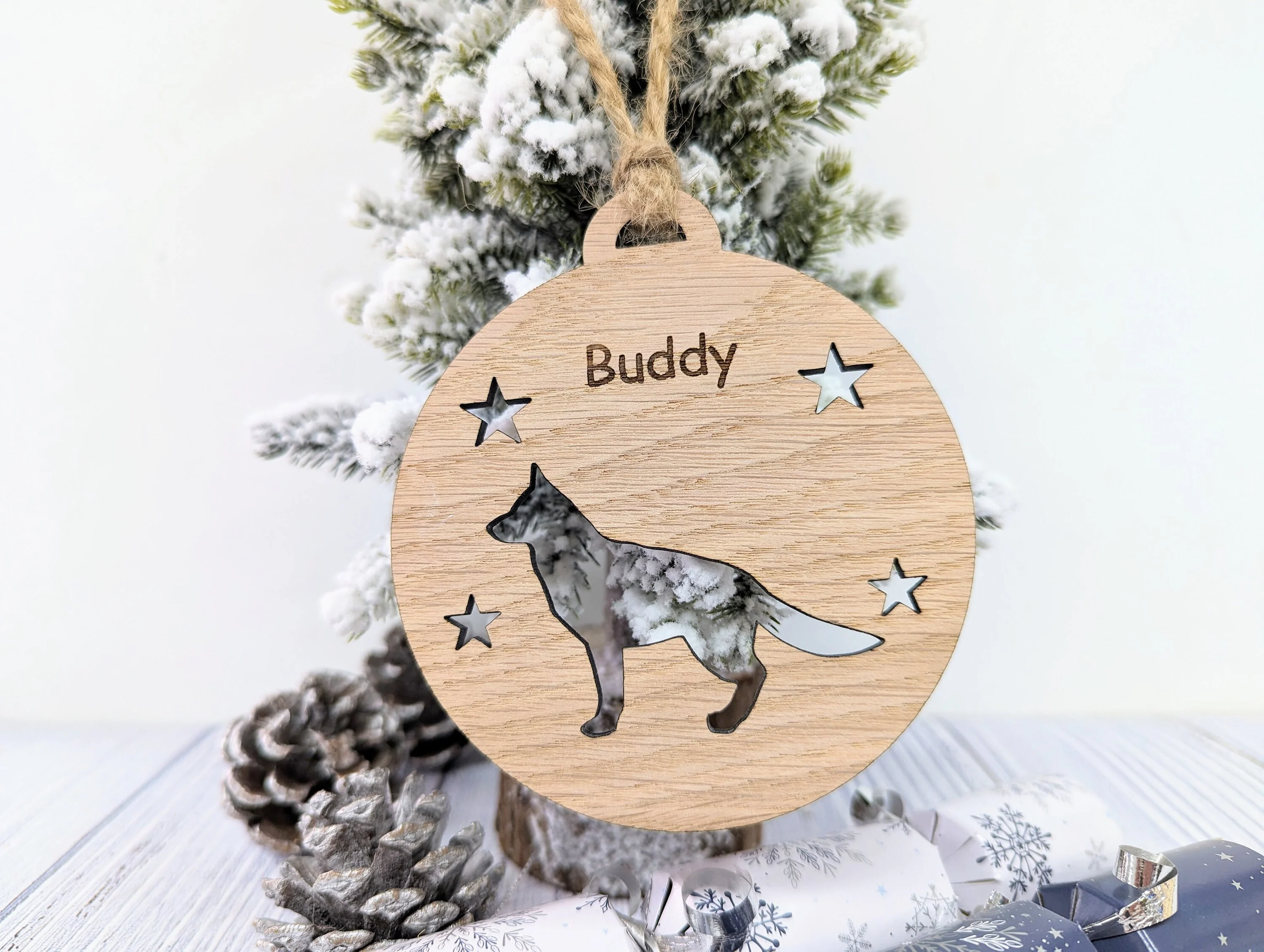 Personalised German Shepherd Christmas Bauble in Oak Veneer MDF - Rustic Jute String - Stars or Hearts Cut-Out - German Shepherd Gift - Image 8