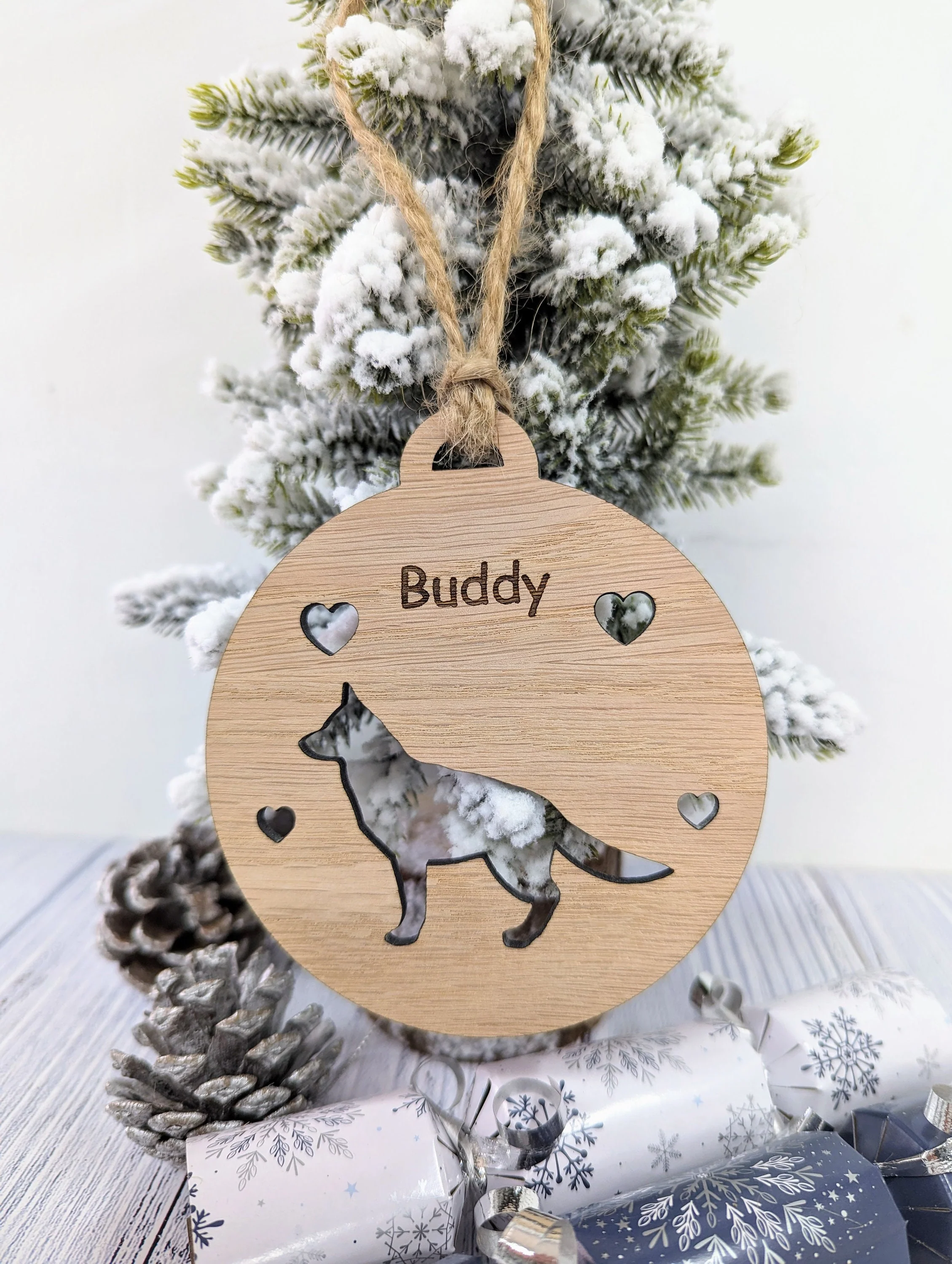 Personalised German Shepherd Christmas Bauble in Oak Veneer MDF - Rustic Jute String - Stars or Hearts Cut-Out - German Shepherd Gift - Image 9