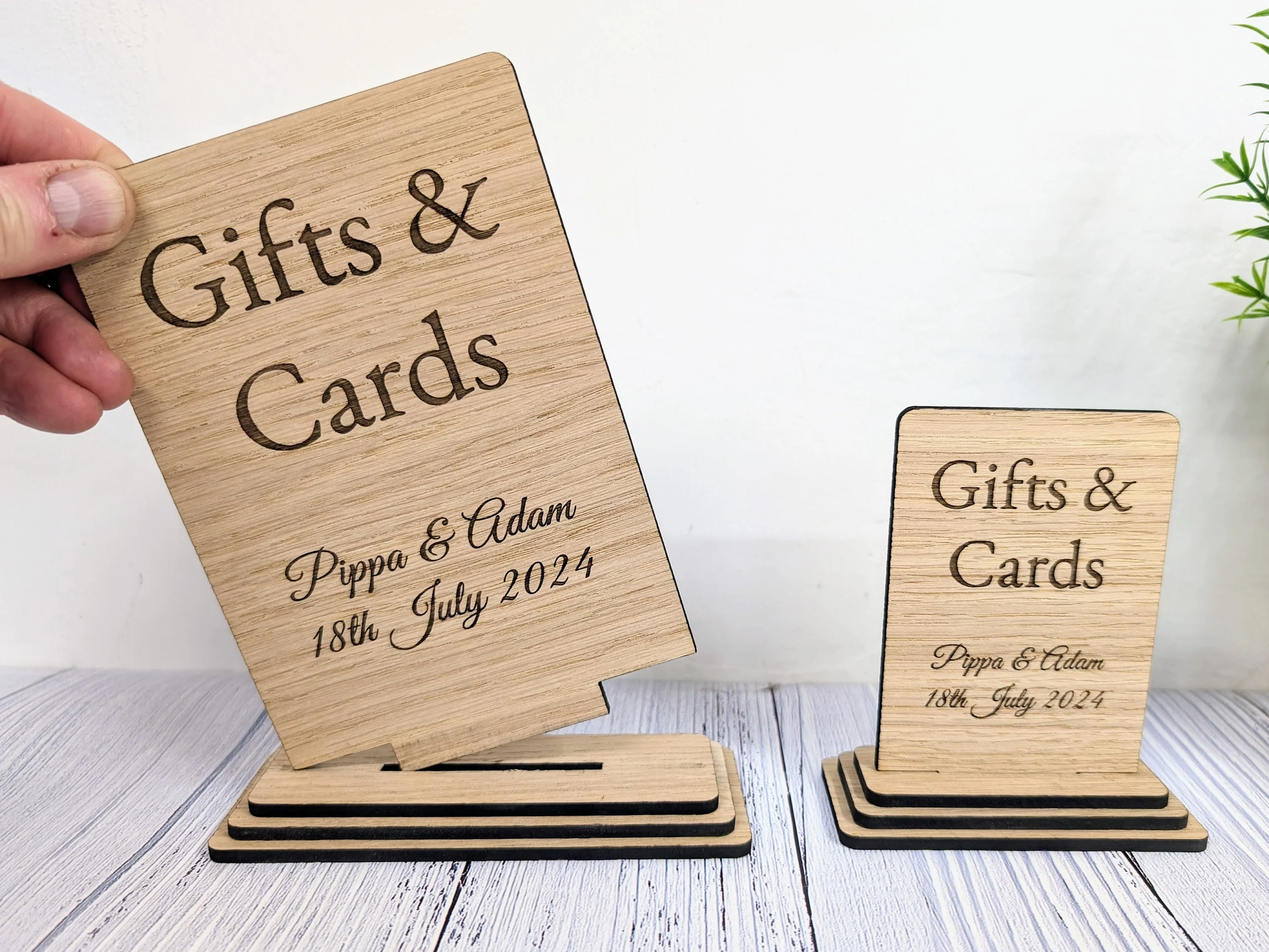 Personalised 'Gifts & Cards' Wooden Sign for Weddings and Parties - Eco-Friendly Freestanding Display with Couple's Name and Date - Image 2