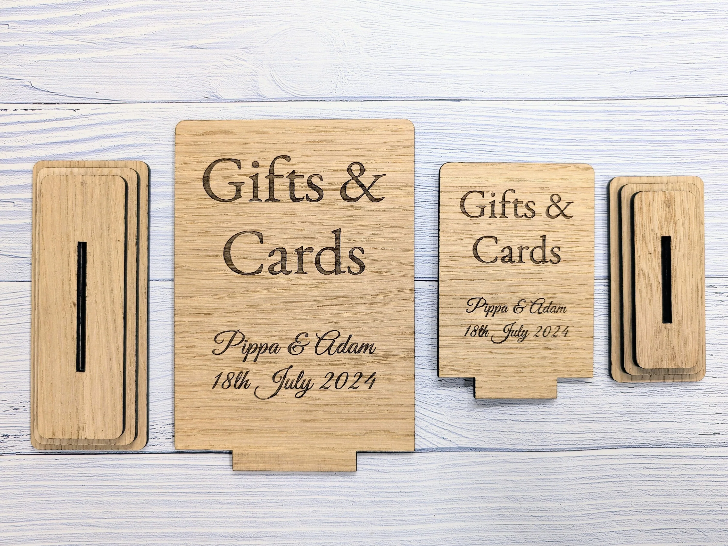 Personalised 'Gifts & Cards' Wooden Sign for Weddings and Parties - Eco-Friendly Freestanding Display with Couple's Name and Date - Image 3