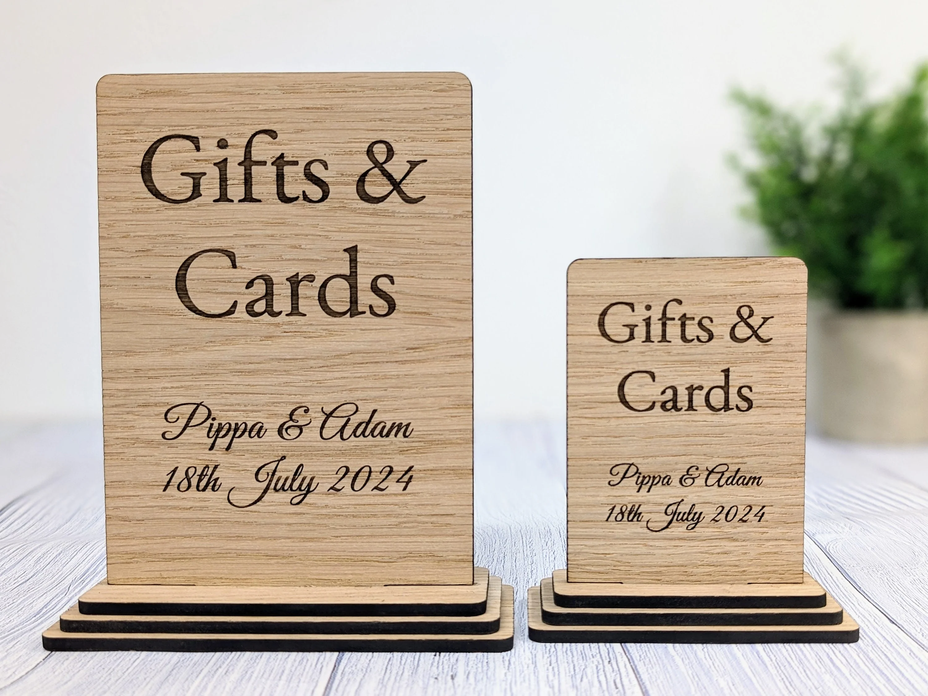 Personalised 'Gifts & Cards' Wooden Sign for Weddings and Parties - Eco-Friendly Freestanding Display with Couple's Name and Date - Image 5