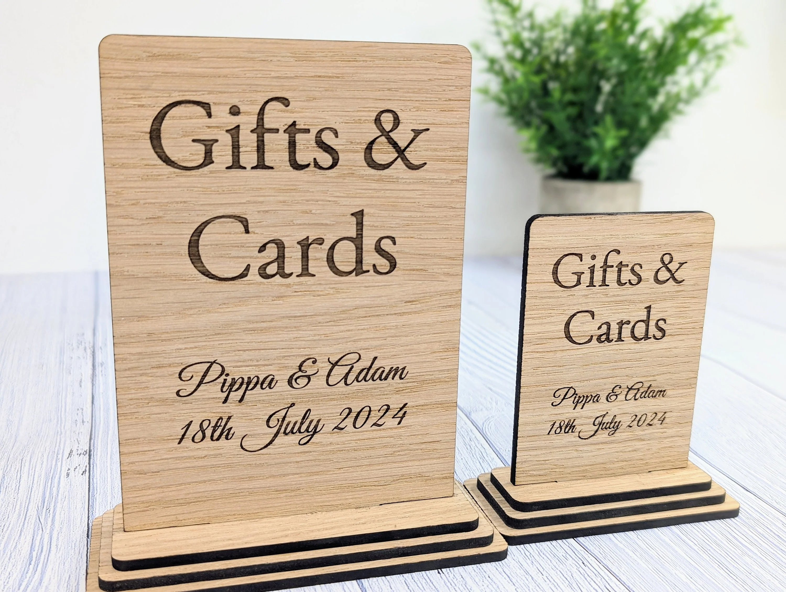 Personalised 'Gifts & Cards' Wooden Sign for Weddings and Parties - Eco-Friendly Freestanding Display with Couple's Name and Date - Image 9