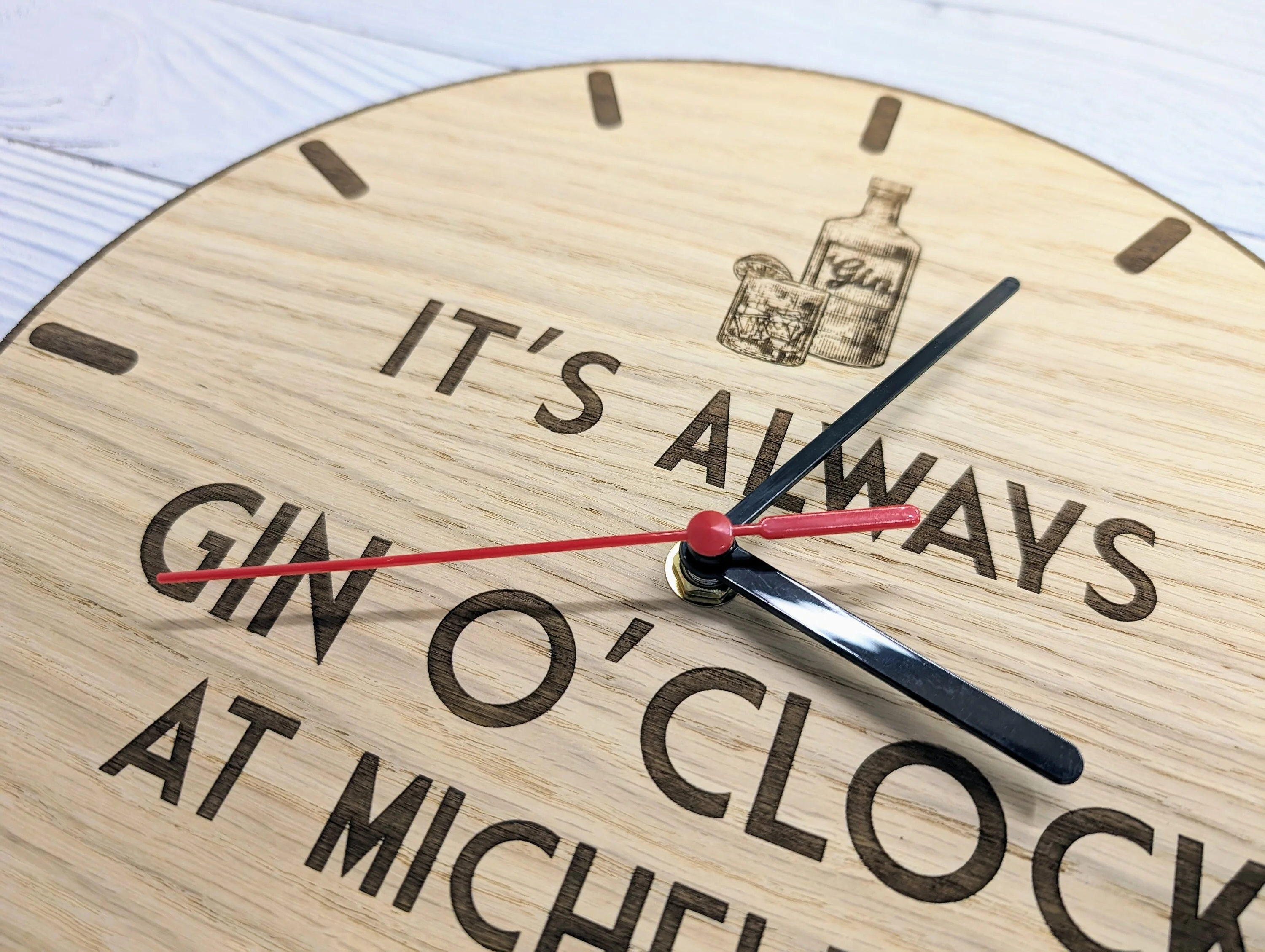 Personalised Gin O'Clock Wooden Clock - Eco-Friendly Gin Lover Decor, Custom Name Oak Gift - 30cm Art Deco Style Eco Gift Idea - Image 2