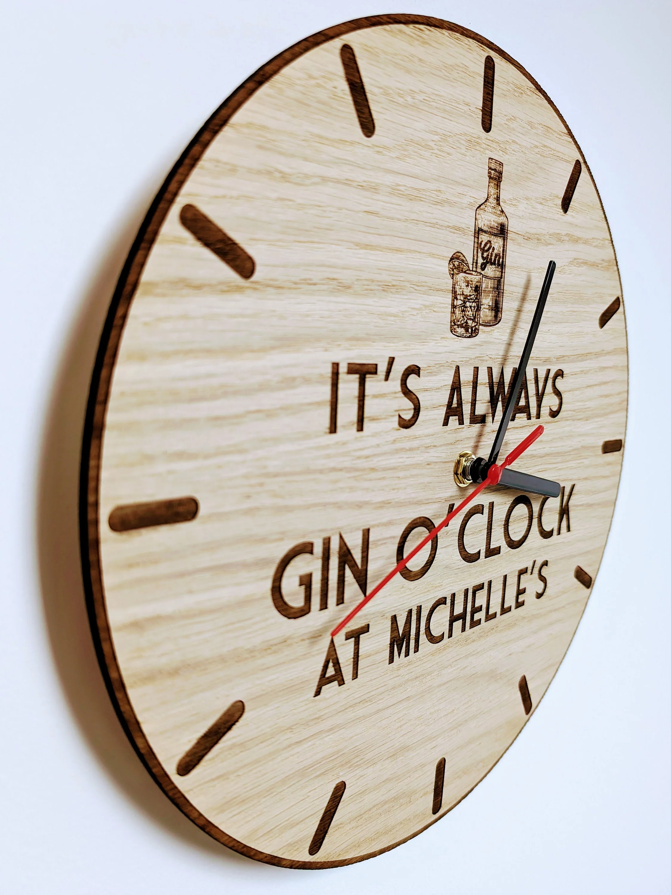 Personalised Gin O'Clock Wooden Clock - Eco-Friendly Gin Lover Decor, Custom Name Oak Gift - 30cm Art Deco Style Eco Gift Idea - Image 3