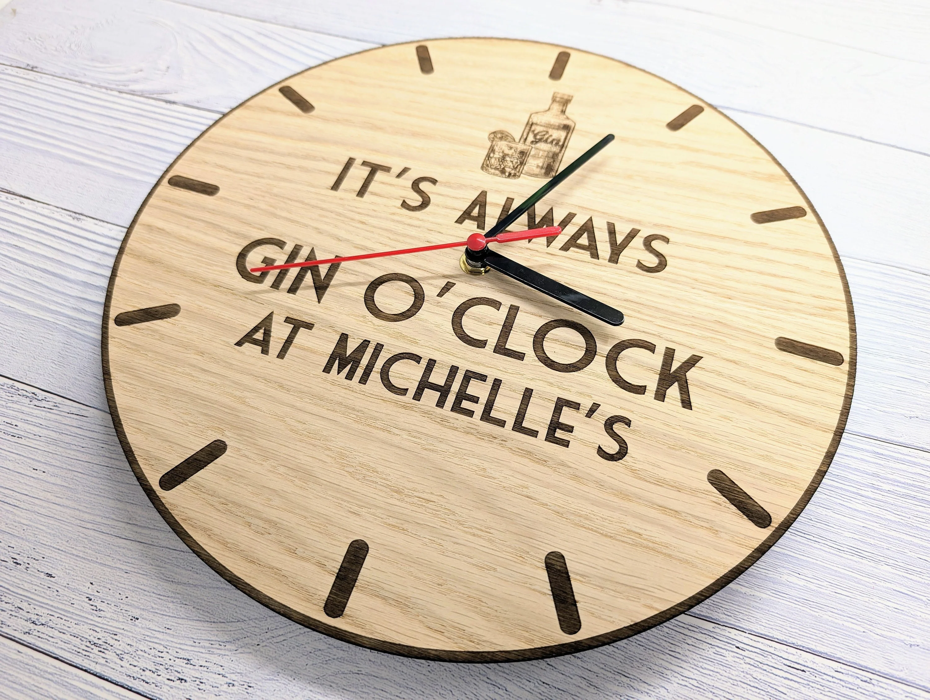 Personalised Gin O'Clock Wooden Clock - Eco-Friendly Gin Lover Decor, Custom Name Oak Gift - 30cm Art Deco Style Eco Gift Idea - Image 6