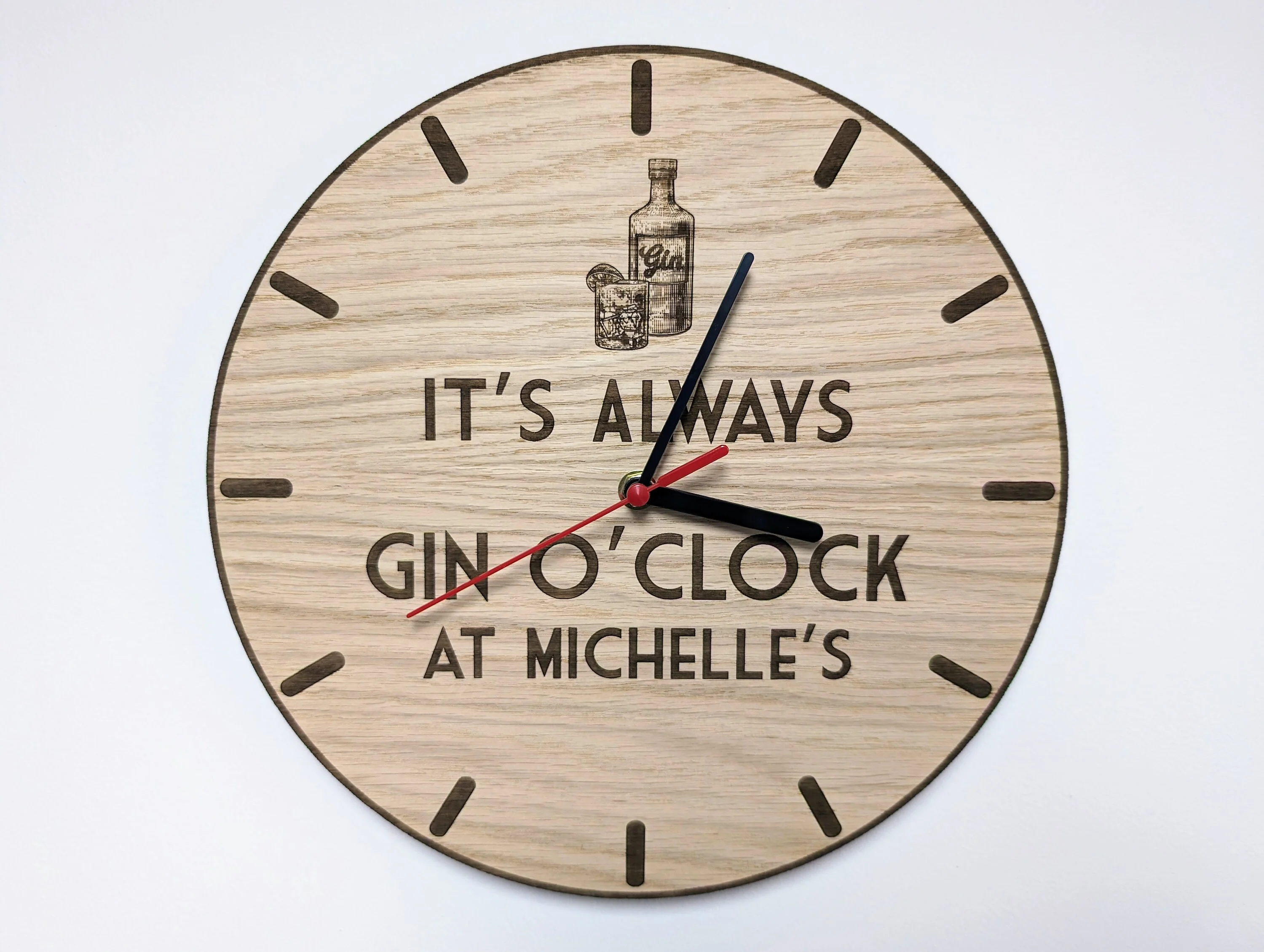 Personalised Gin O'Clock Wooden Clock - Eco-Friendly Gin Lover Decor, Custom Name Oak Gift - 30cm Art Deco Style Eco Gift Idea - Image 8