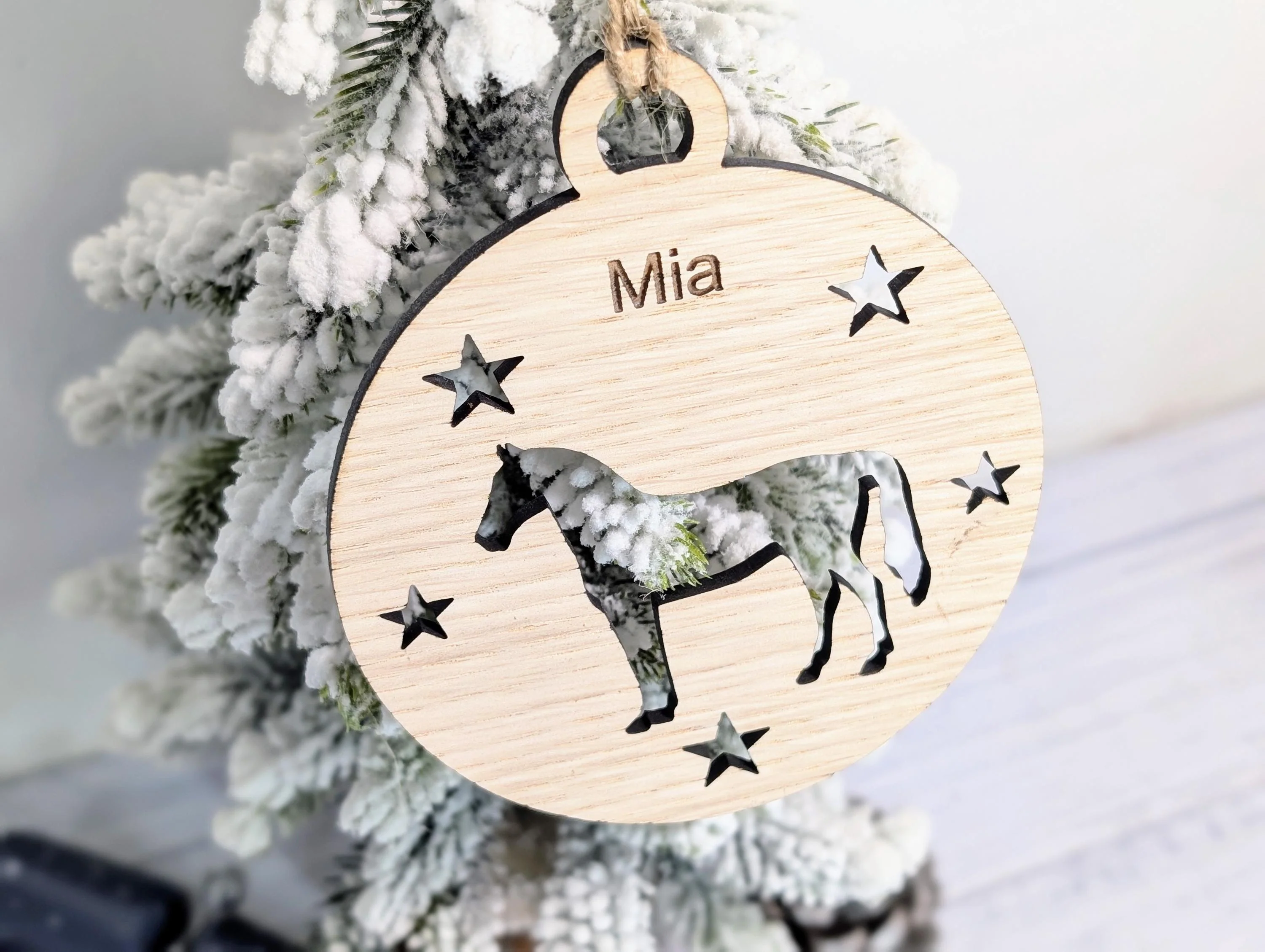 Personalised Horse Bauble - Custom Wooden Gift for Pony Lovers | Equine Christmas Bauble | Oak Veneered Xmas Decoration - Image 8