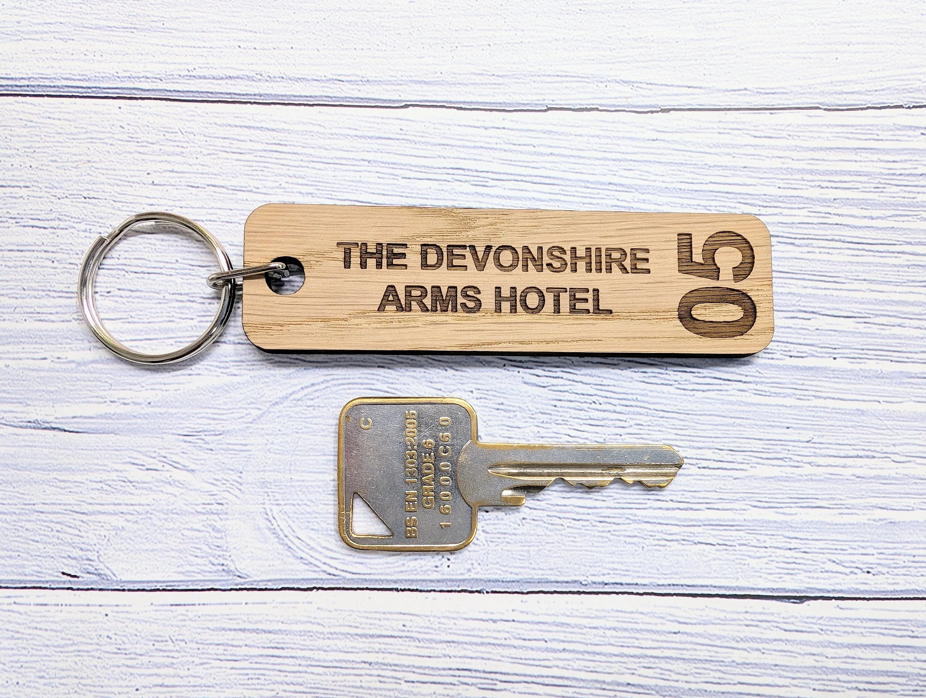 Personalised Hotel Room Number Keyrings 90 x 25mm with Hotel Name - High-Quality Oak Veneered MDF - Ideal for Hotels, B&Bs, and Guest Houses