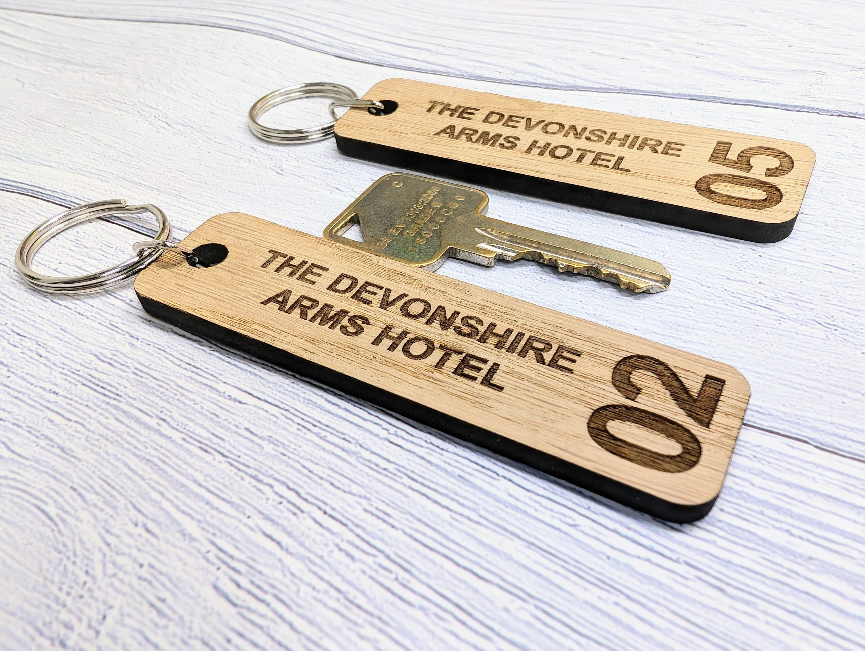 Personalised Hotel Room Number Keyrings 90 x 25mm with Hotel Name - High-Quality Oak Veneered MDF - Ideal for Hotels, B&Bs, and Guest Houses - Image 3