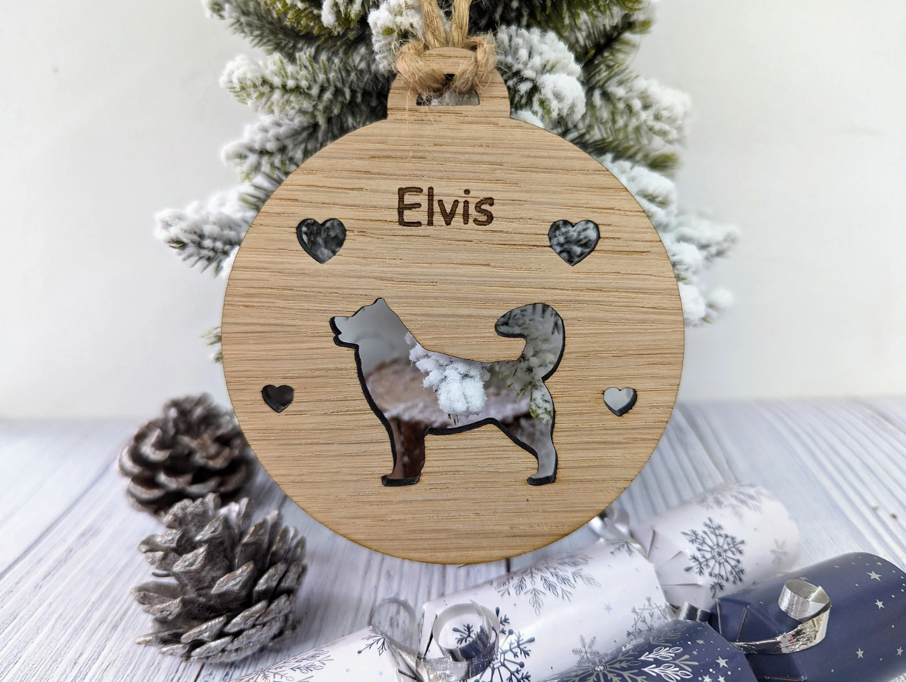 Personalised Husky Christmas Bauble in Oak Veneer MDF - Rustic Jute String - Stars or Hearts Cut-Out - Image 2