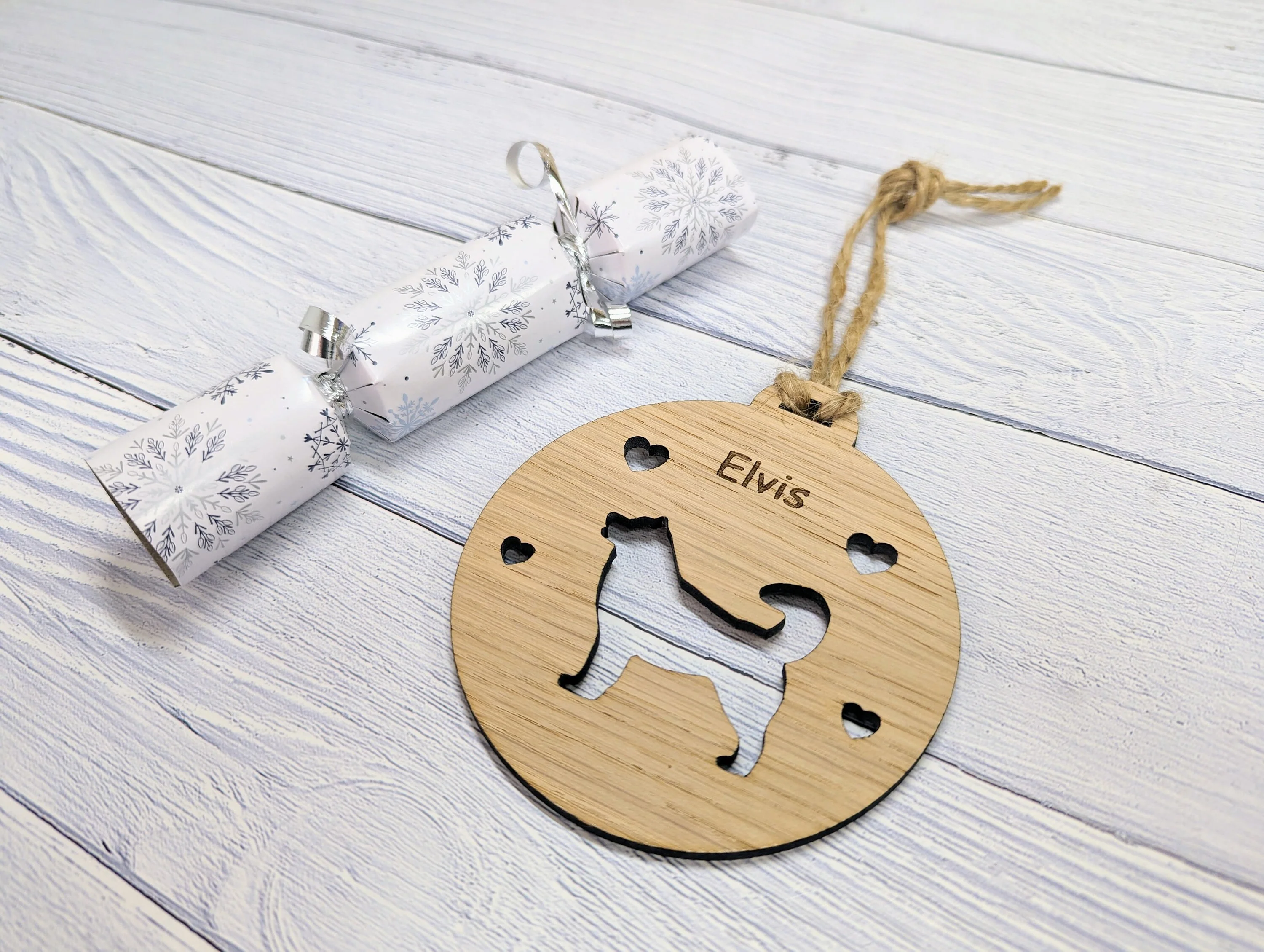 Personalised Husky Christmas Bauble in Oak Veneer MDF - Rustic Jute String - Stars or Hearts Cut-Out - Image 3