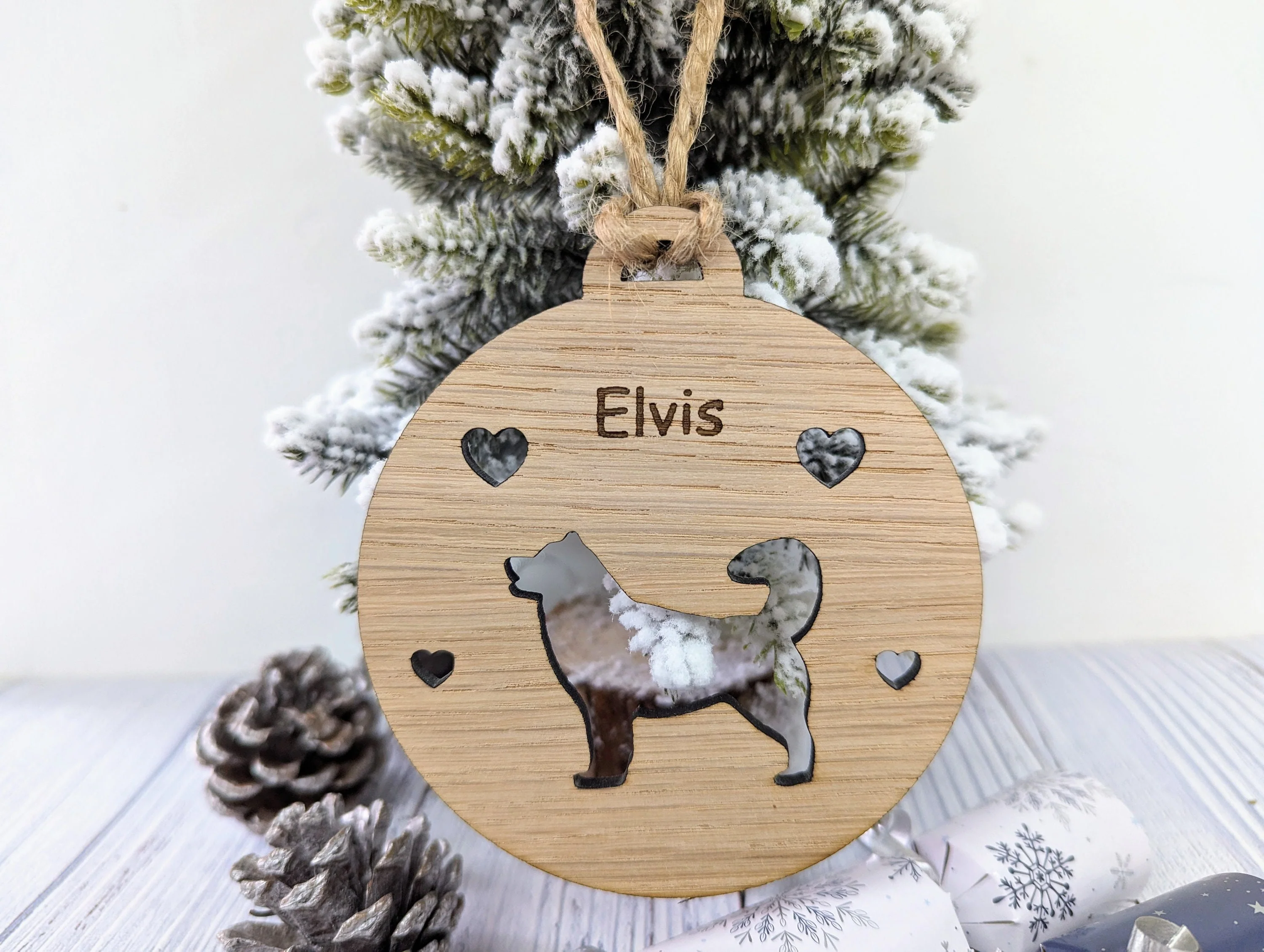 Personalised Husky Christmas Bauble in Oak Veneer MDF - Rustic Jute String - Stars or Hearts Cut-Out - Image 6