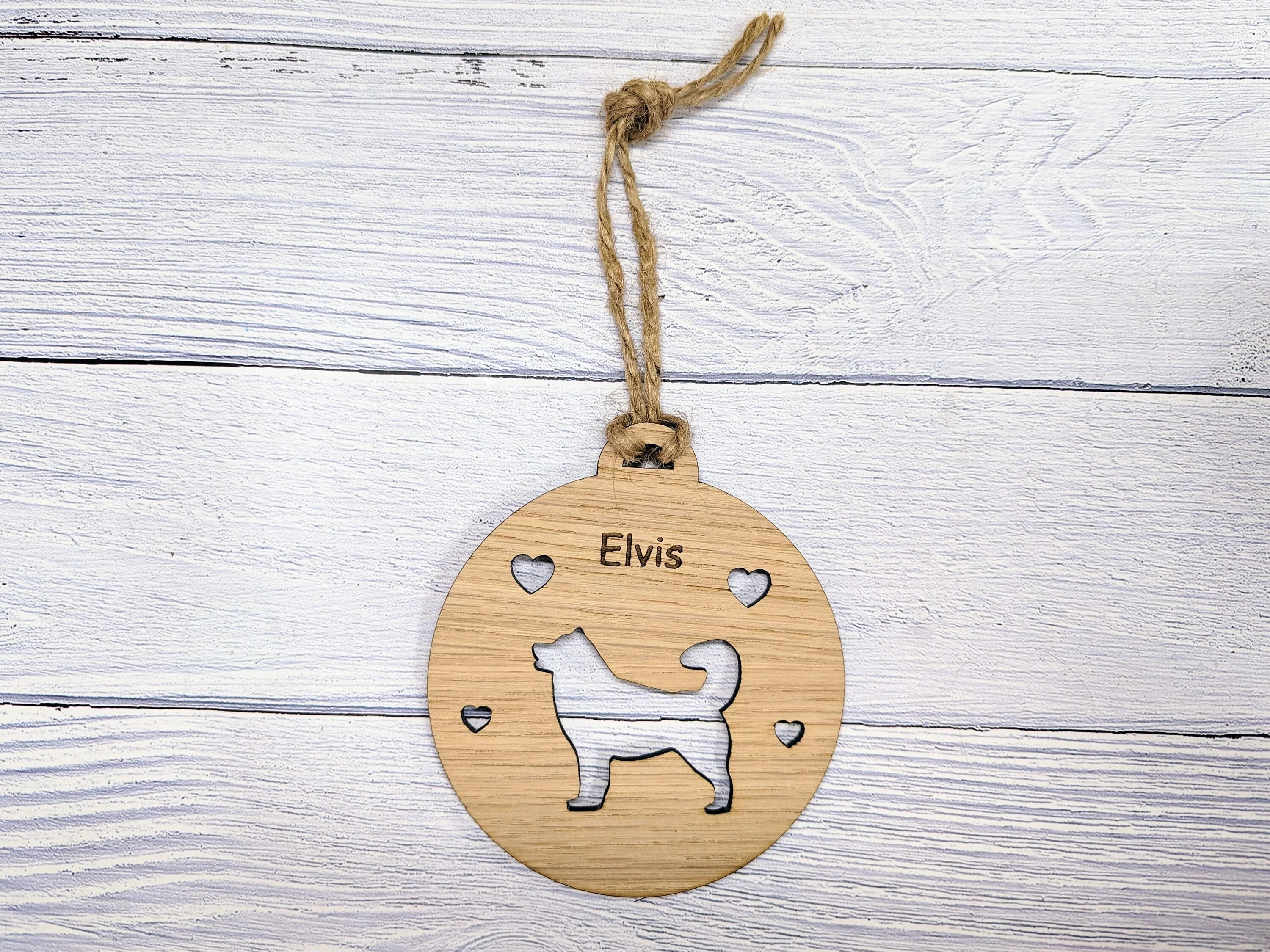 Personalised Husky Christmas Bauble in Oak Veneer MDF - Rustic Jute String - Stars or Hearts Cut-Out - Image 8