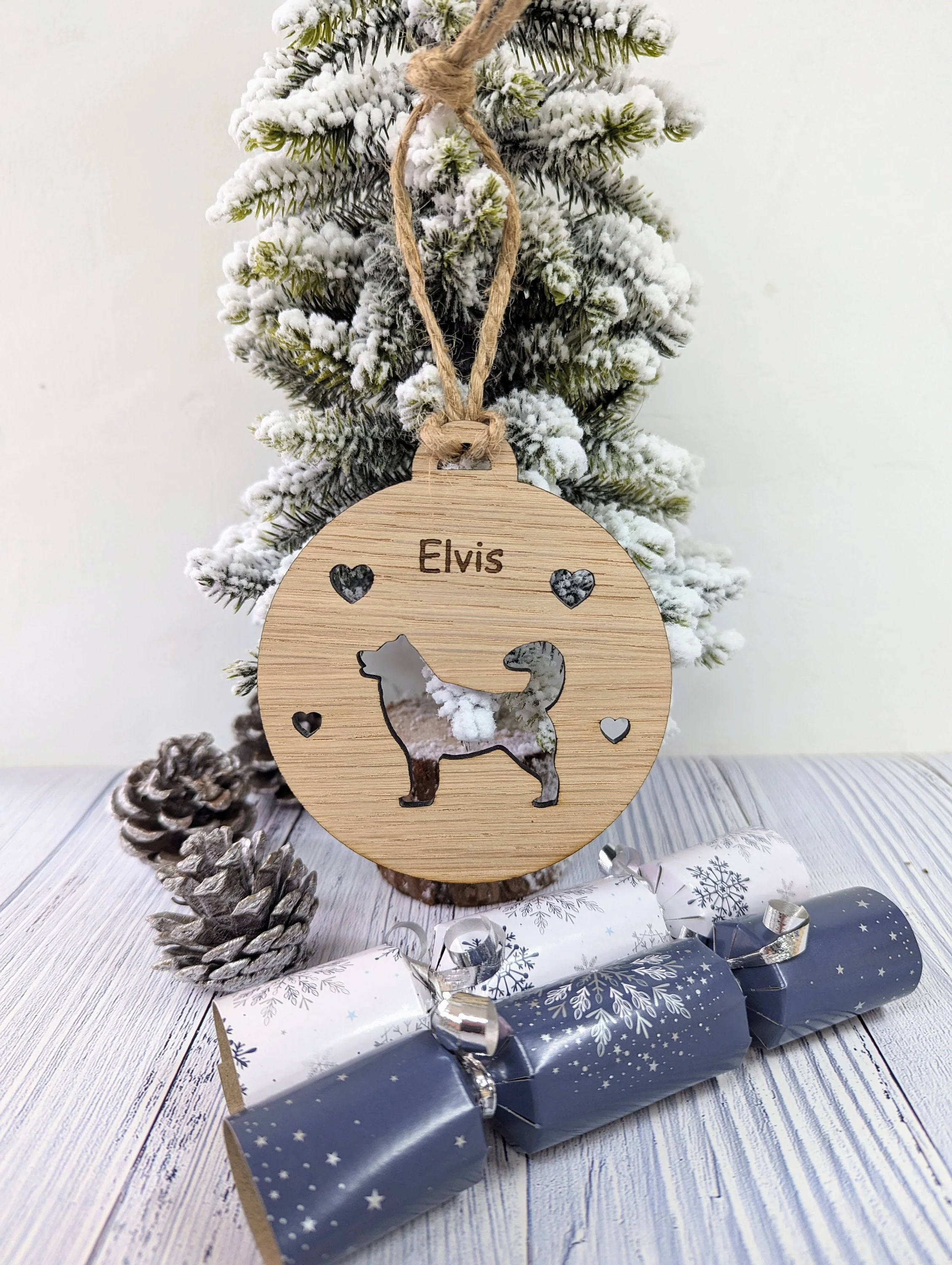 Personalised Husky Christmas Bauble in Oak Veneer MDF - Rustic Jute String - Stars or Hearts Cut-Out - Image 9