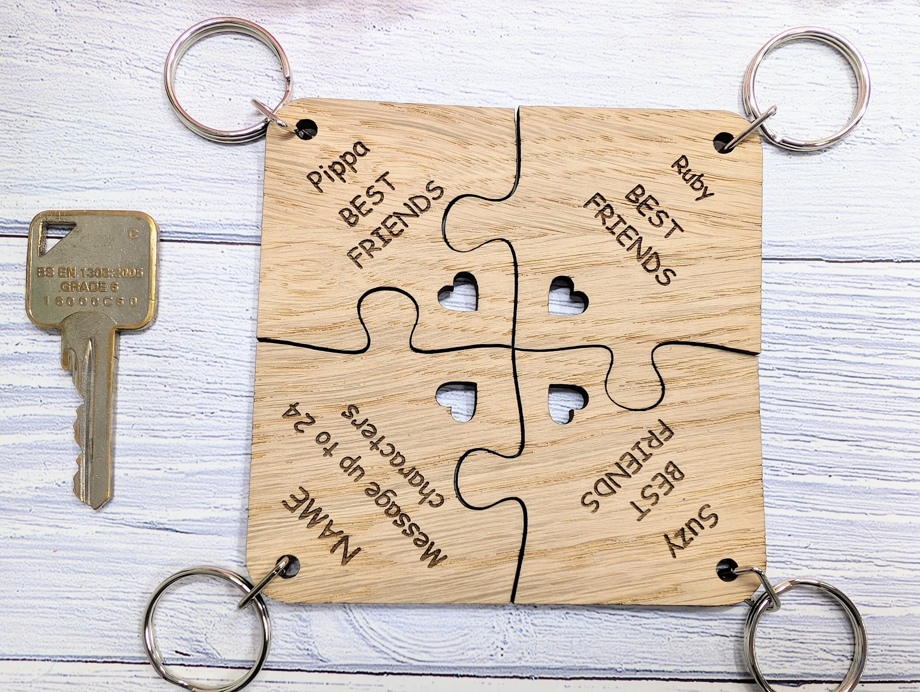 Personalised Jigsaw Keyring Set - 4 Pieces, Oak Veneer, 100x100mm | Handcrafted in Wales, Unique Gift Idea, Friends, Family, Colleagues - Image 2