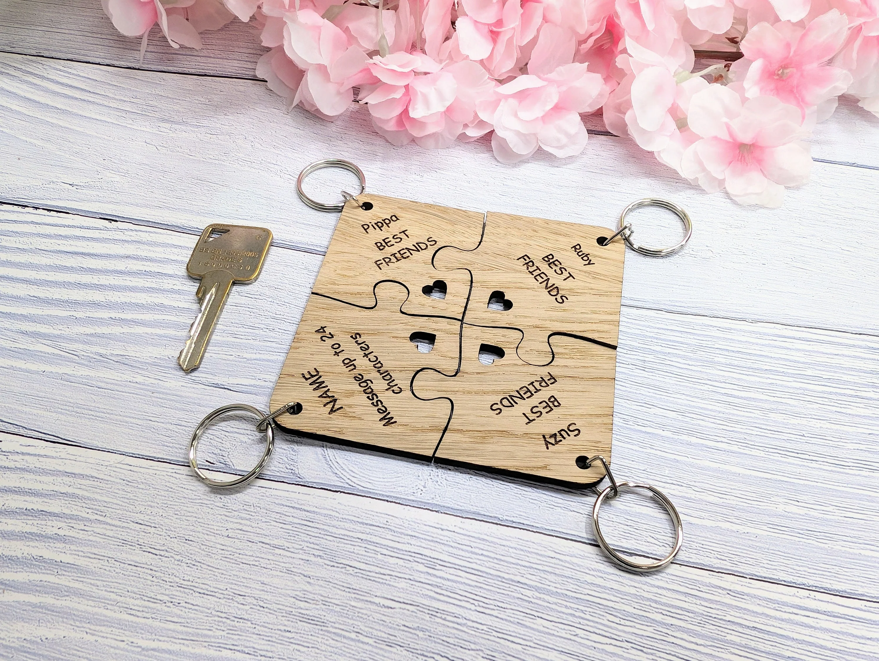 Personalised Jigsaw Keyring Set - 4 Pieces, Oak Veneer, 100x100mm | Handcrafted in Wales, Unique Gift Idea, Friends, Family, Colleagues - Image 3