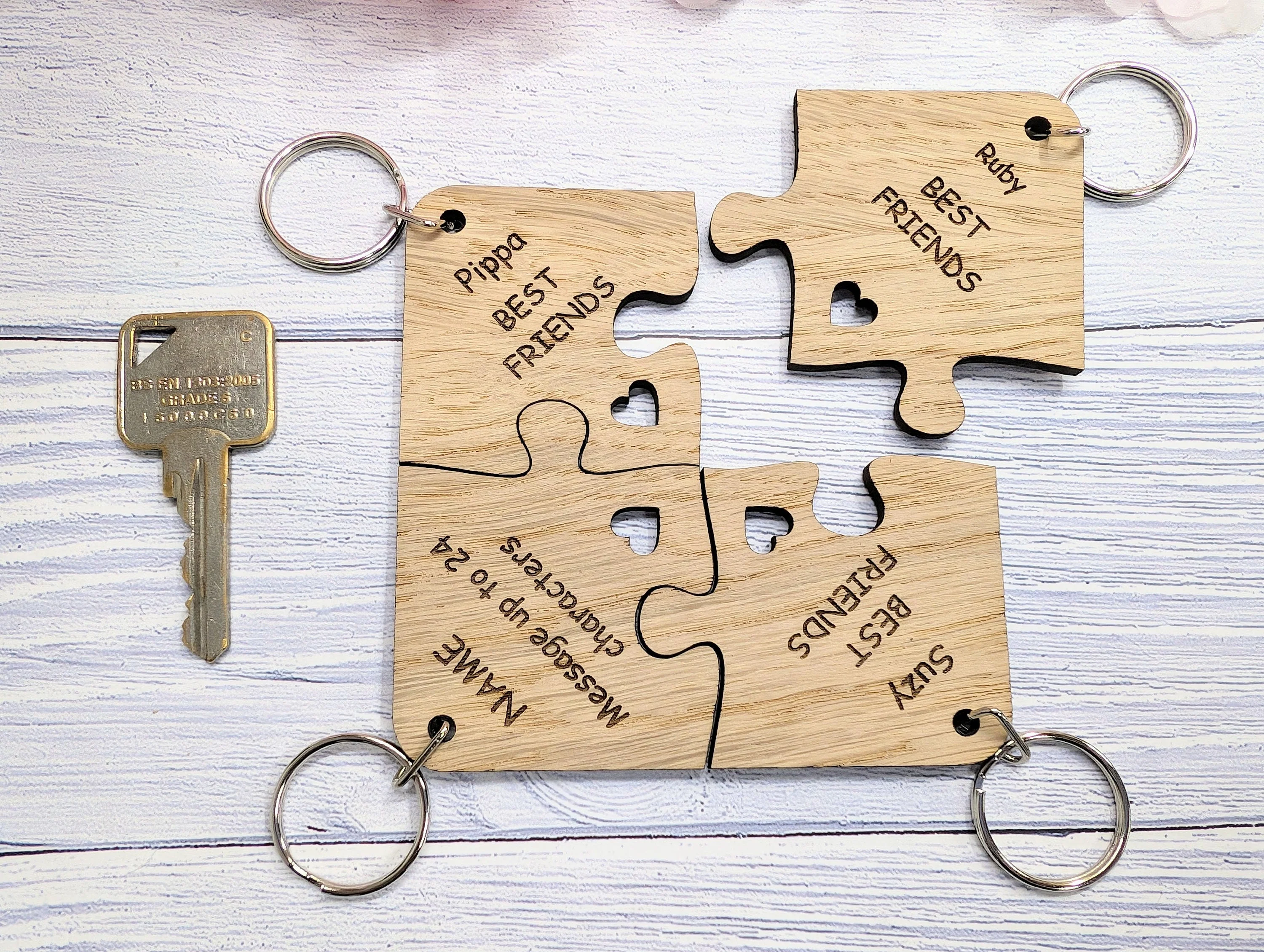 Personalised Jigsaw Keyring Set - 4 Pieces, Oak Veneer, 100x100mm | Handcrafted in Wales, Unique Gift Idea, Friends, Family, Colleagues - Image 4