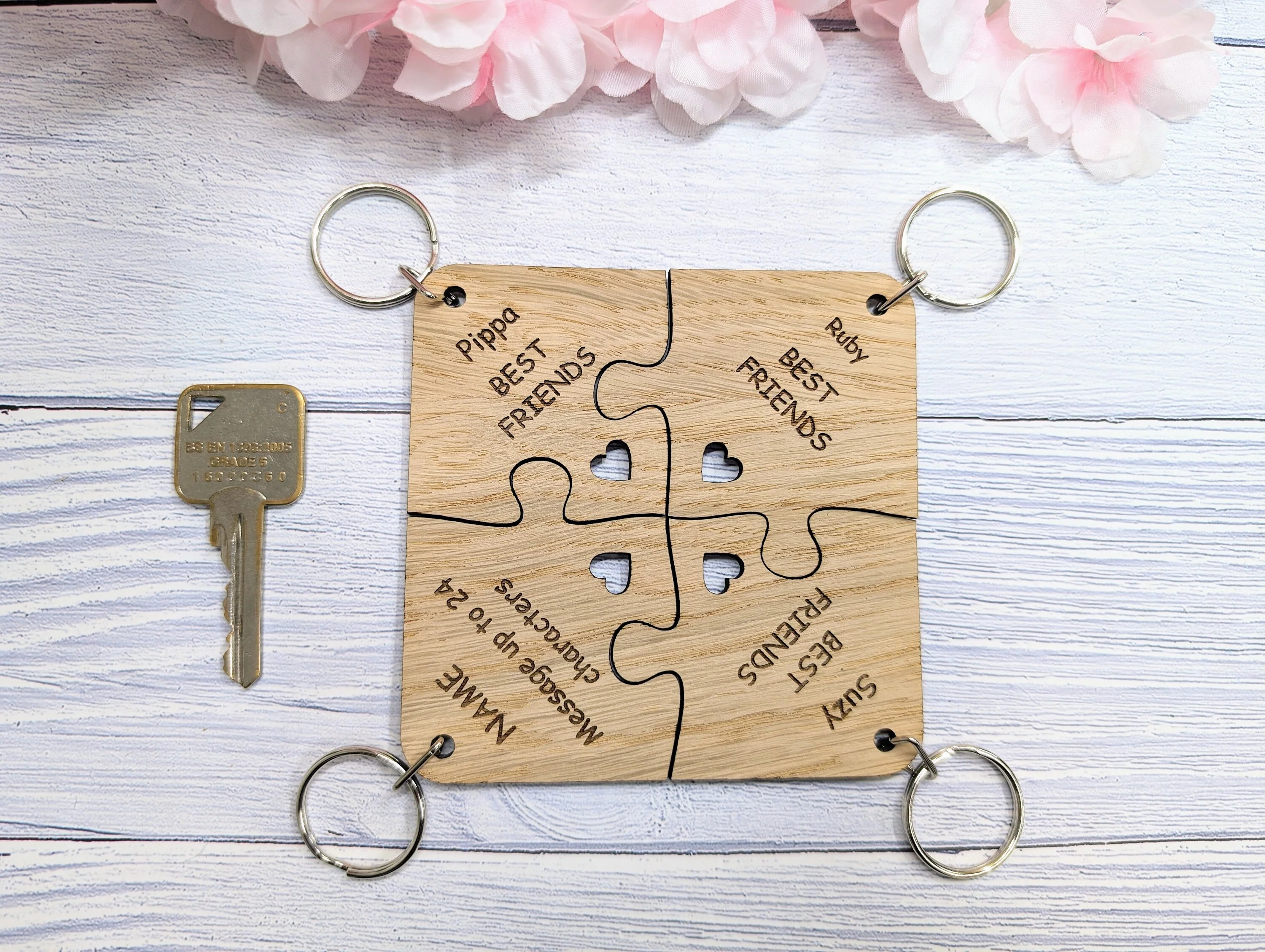 Personalised Jigsaw Keyring Set - 4 Pieces, Oak Veneer, 100x100mm | Handcrafted in Wales, Unique Gift Idea, Friends, Family, Colleagues - Image 5