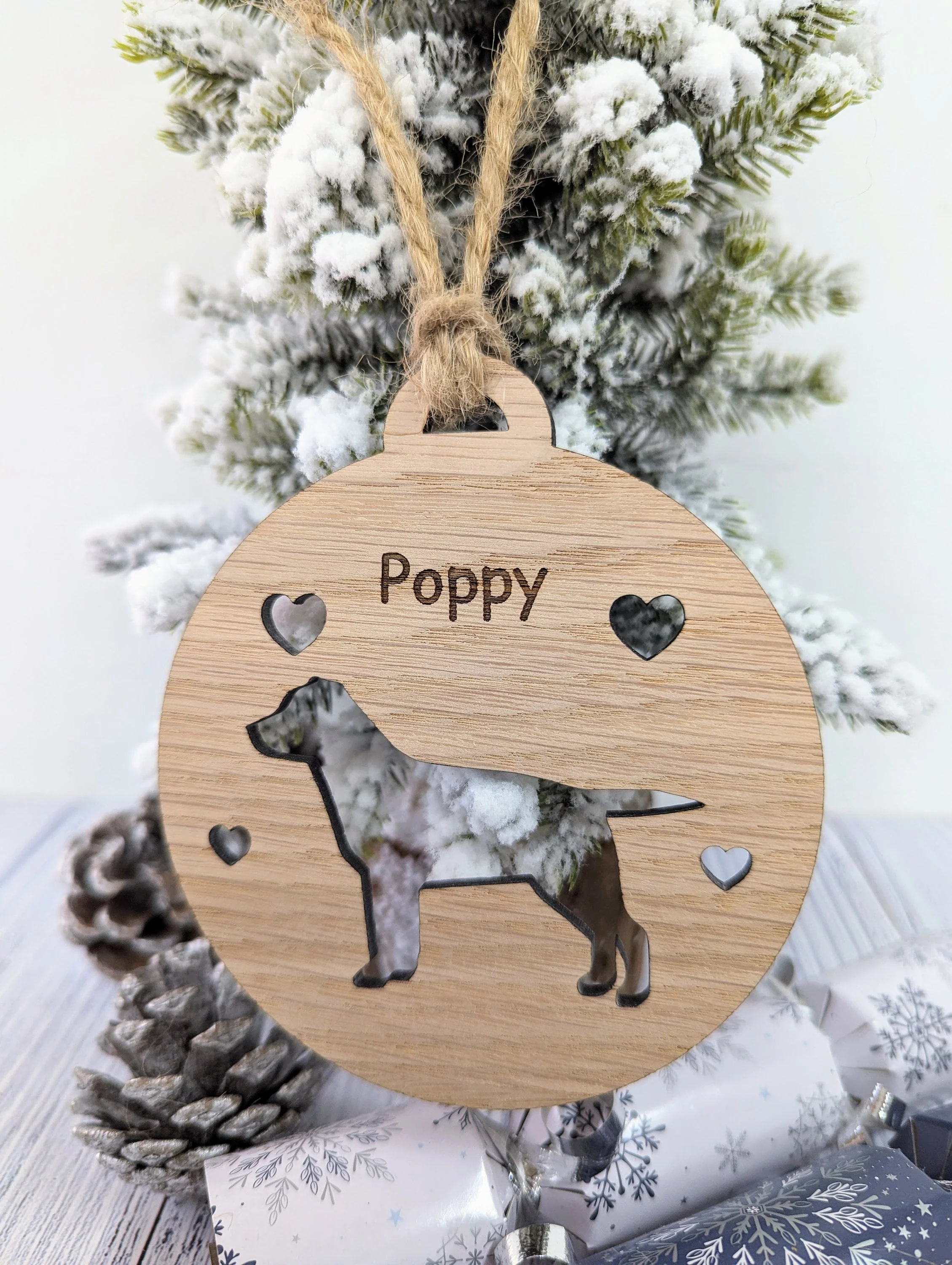 Personalised Labrador Christmas Bauble in Oak Veneer MDF - Rustic Jute String - Stars or Hearts Cut-Out - Labrador Gift - Image 2