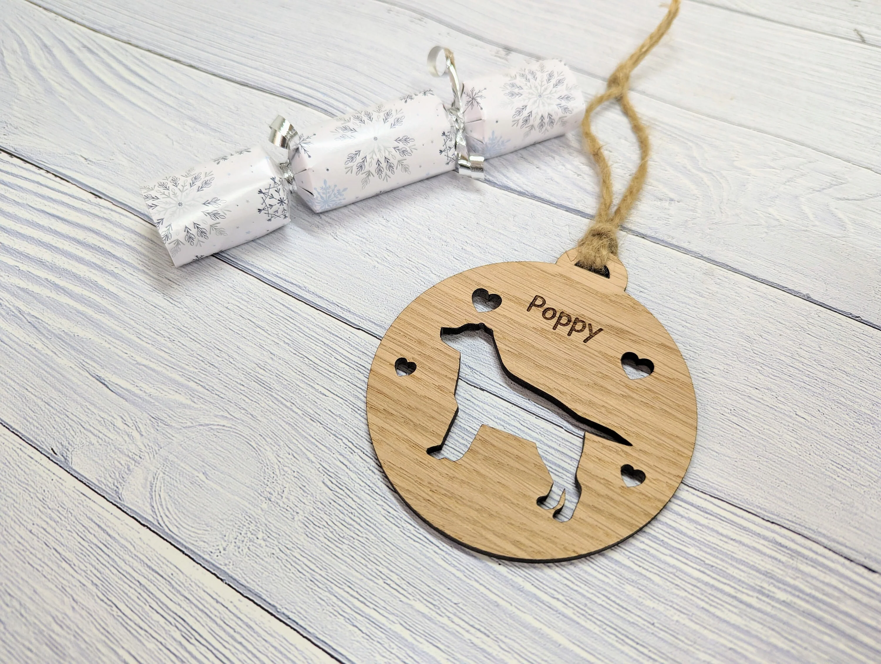 Personalised Labrador Christmas Bauble in Oak Veneer MDF - Rustic Jute String - Stars or Hearts Cut-Out - Labrador Gift - Image 3